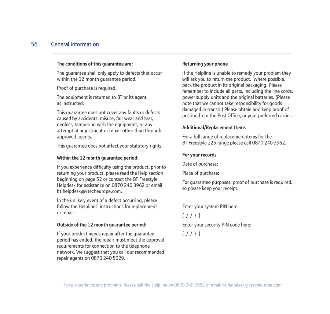 BT 255 manual Additional/Replacement Items 