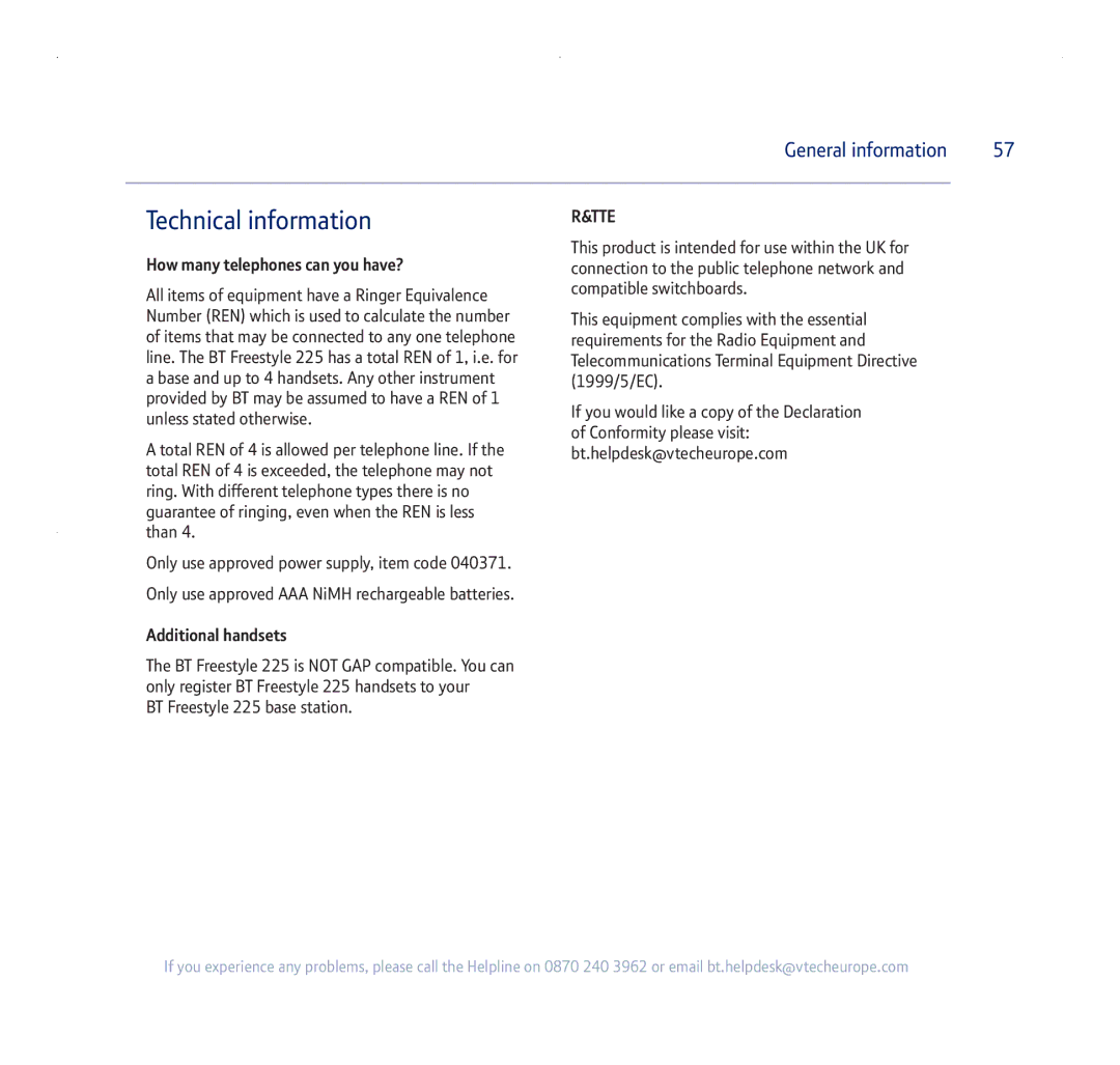 BT 255 manual Technical information 