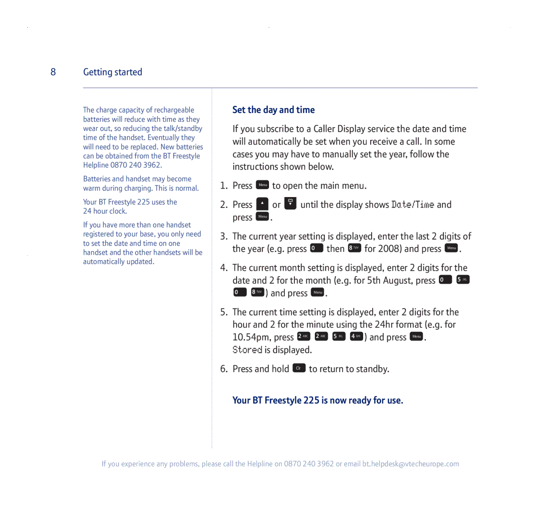 BT 255 manual Set the day and time, Your BT Freestyle 225 is now ready for use 