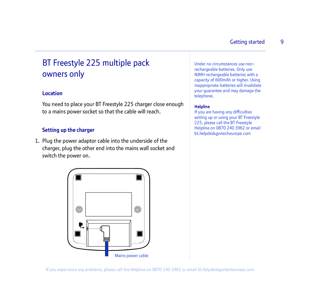 BT 255 manual Setting up the charger, Helpline 