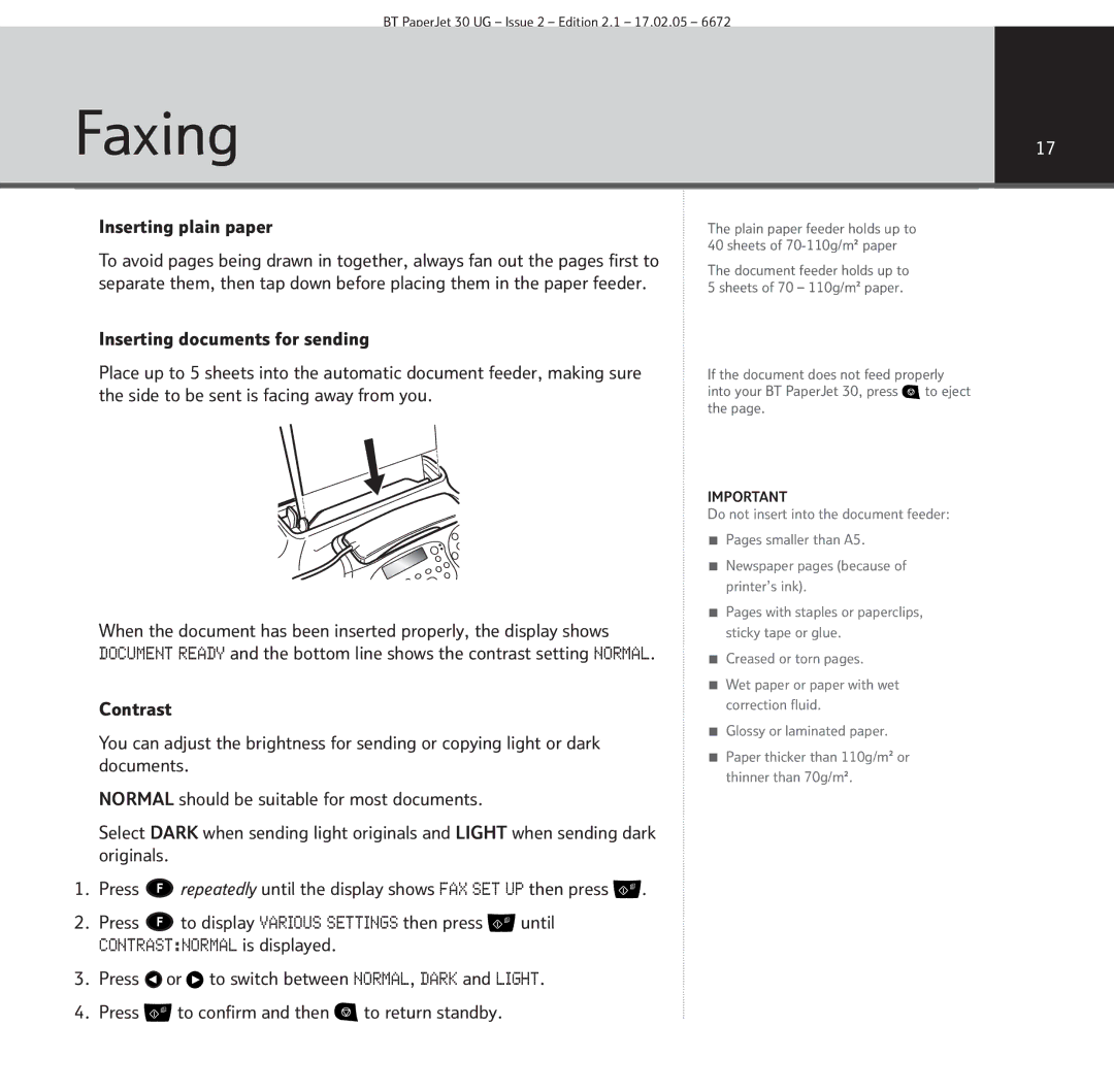 BT 30 manual Faxing, Inserting plain paper 