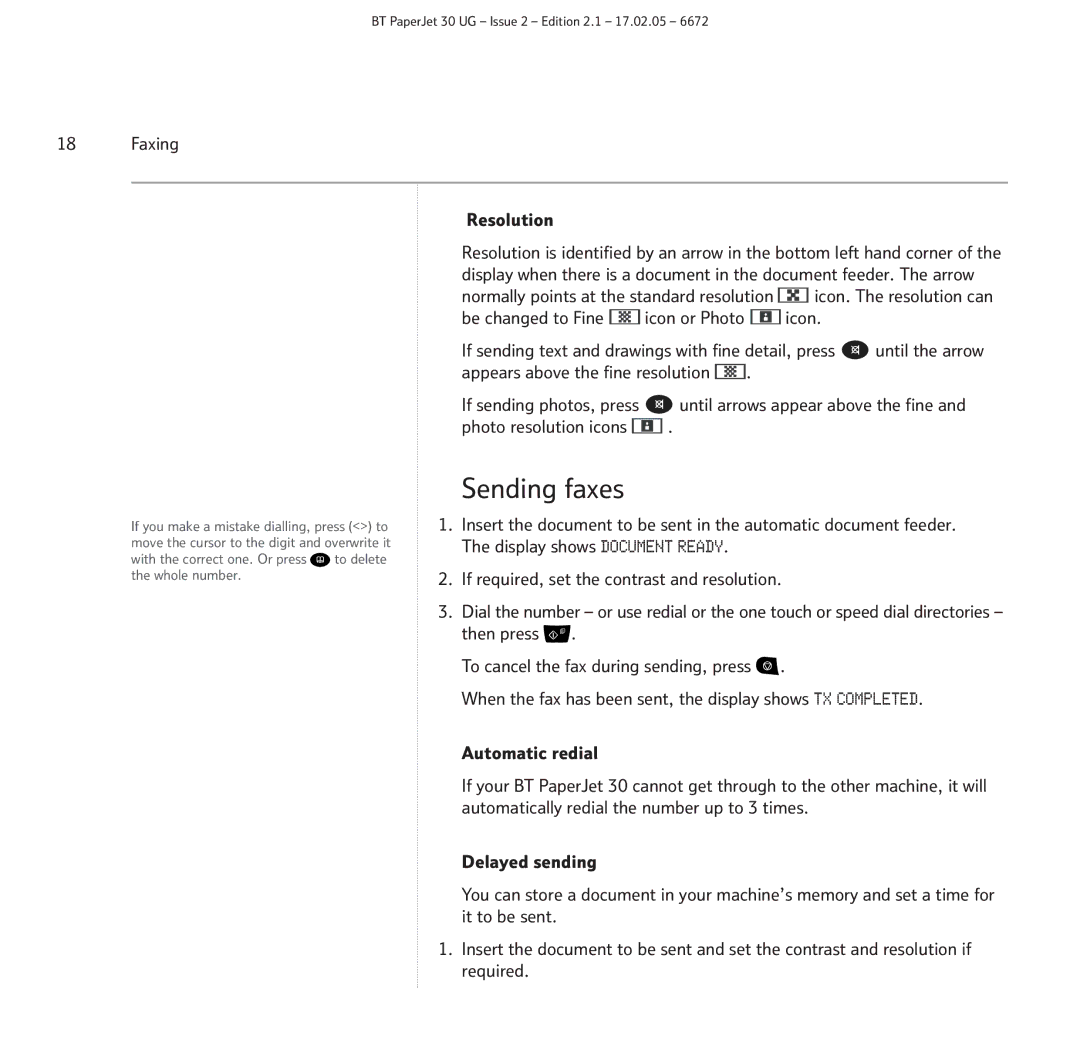 BT 30 manual Sending faxes, Faxing Resolution 