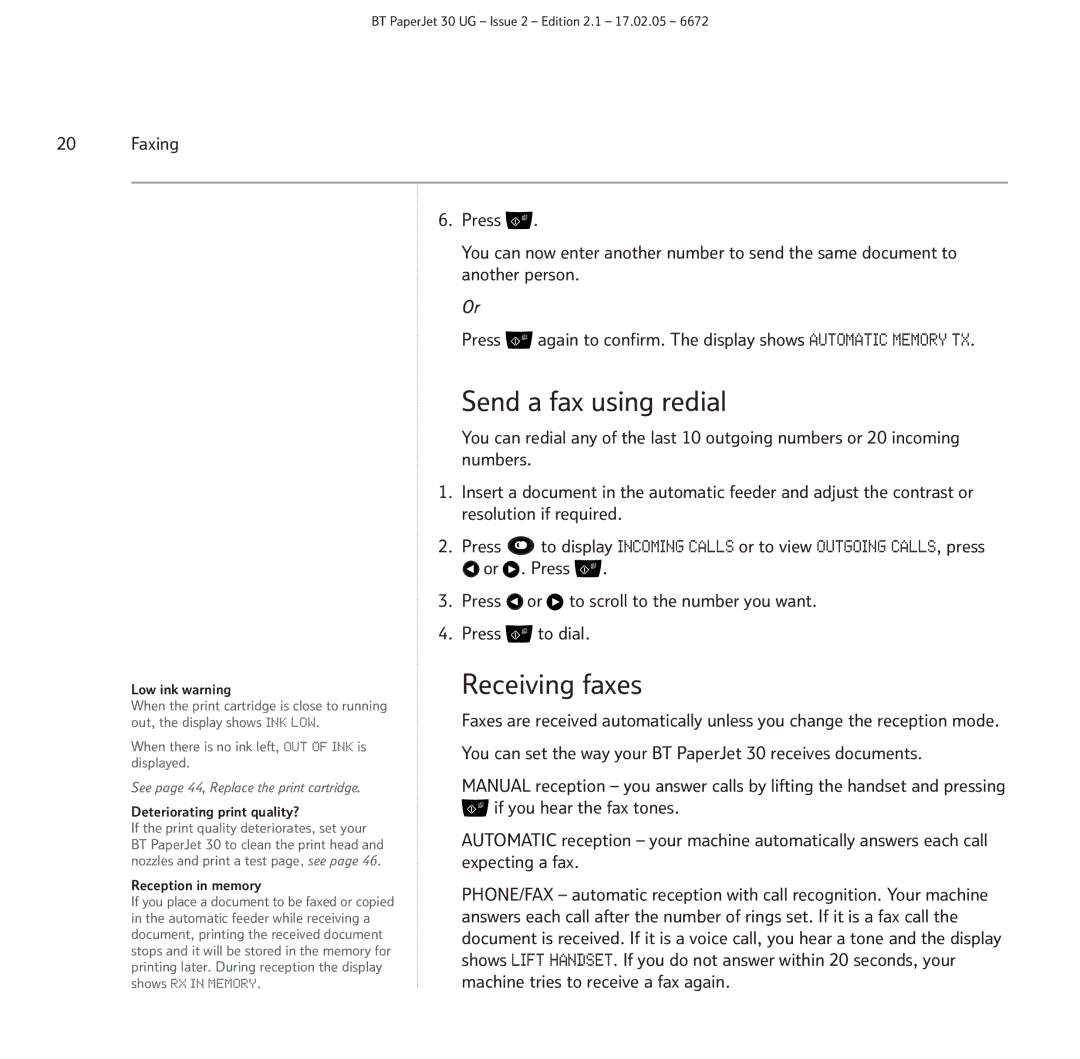 BT 30 manual Send a fax using redial, Receiving faxes 