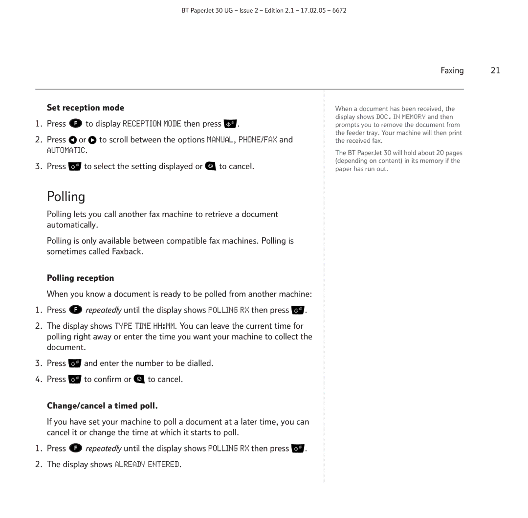 BT 30 manual Polling, Faxing Set reception mode 