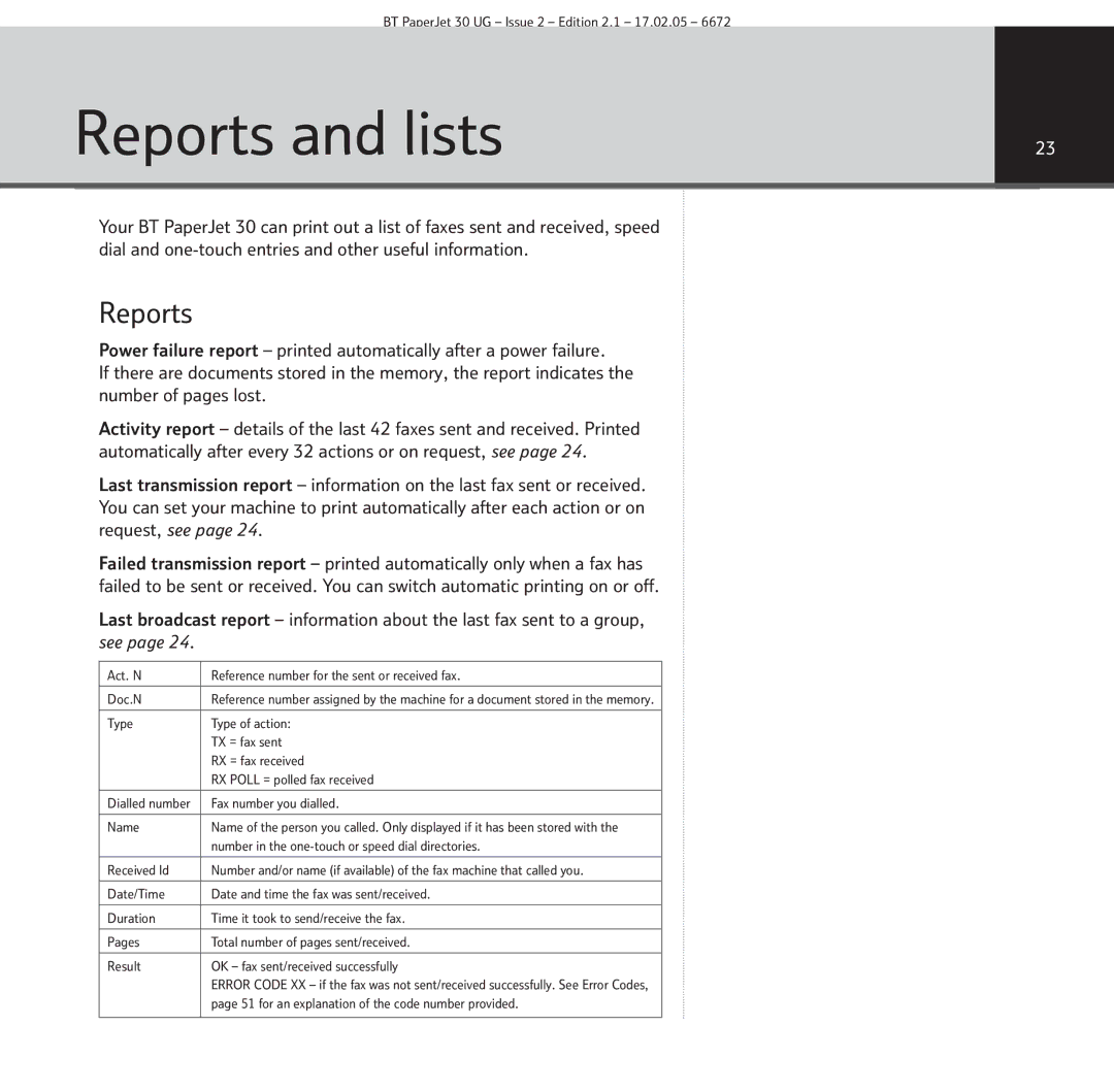 BT 30 manual Reports and lists 