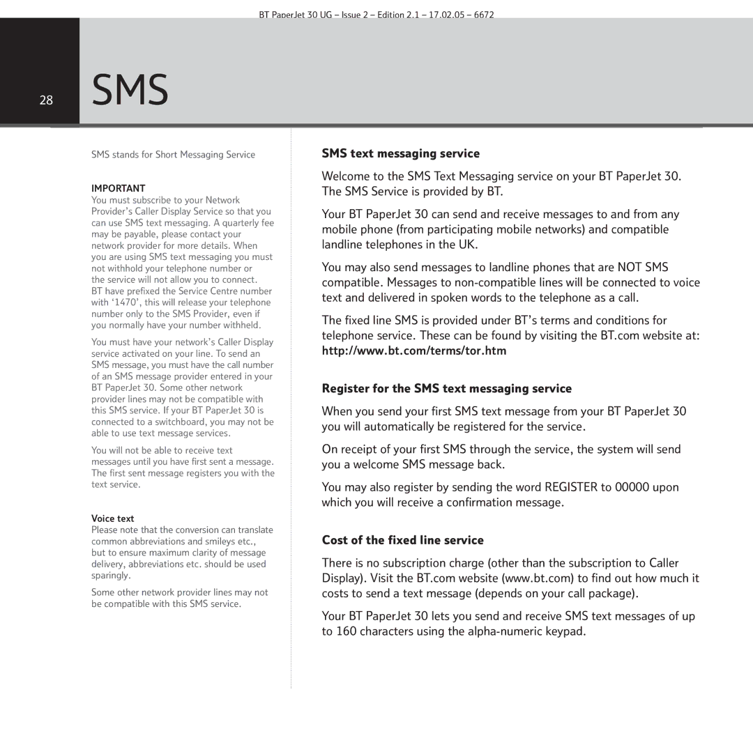 BT 30 manual 28 SMS, Register for the SMS text messaging service 