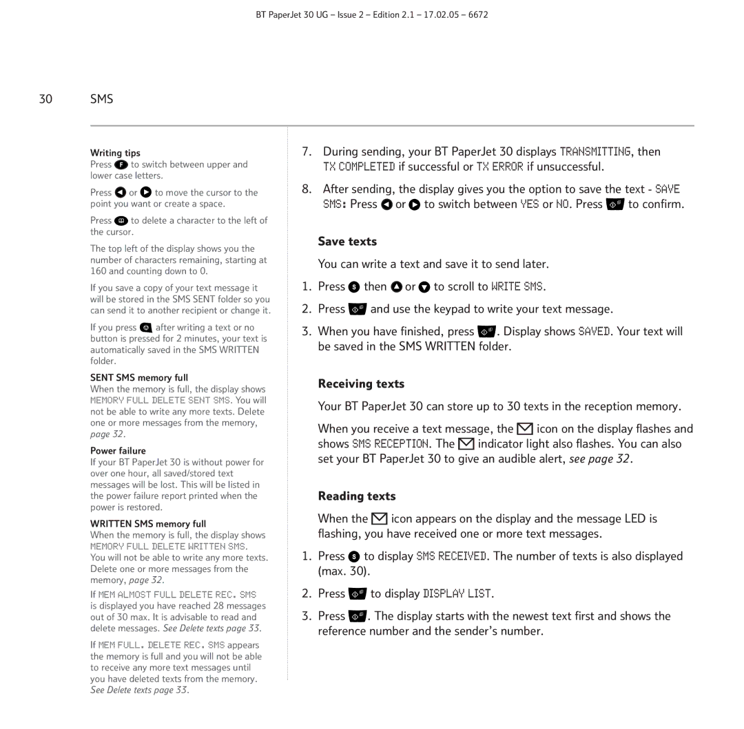 BT manual 30 SMS, Reading texts 