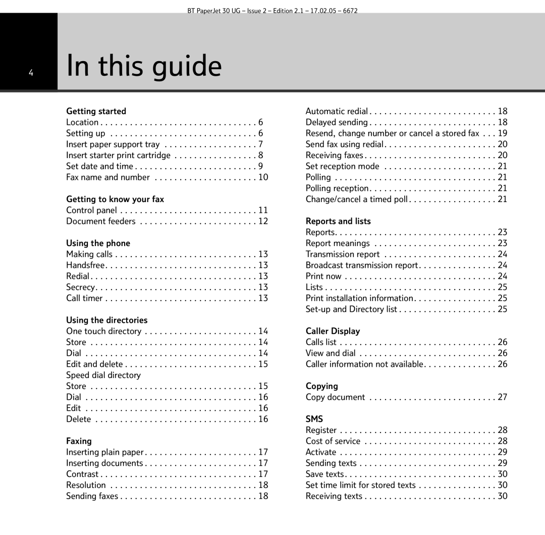 BT 30 manual Getting started, Getting to know your fax, Using the phone, Using the directories, Faxing, Reports and lists 