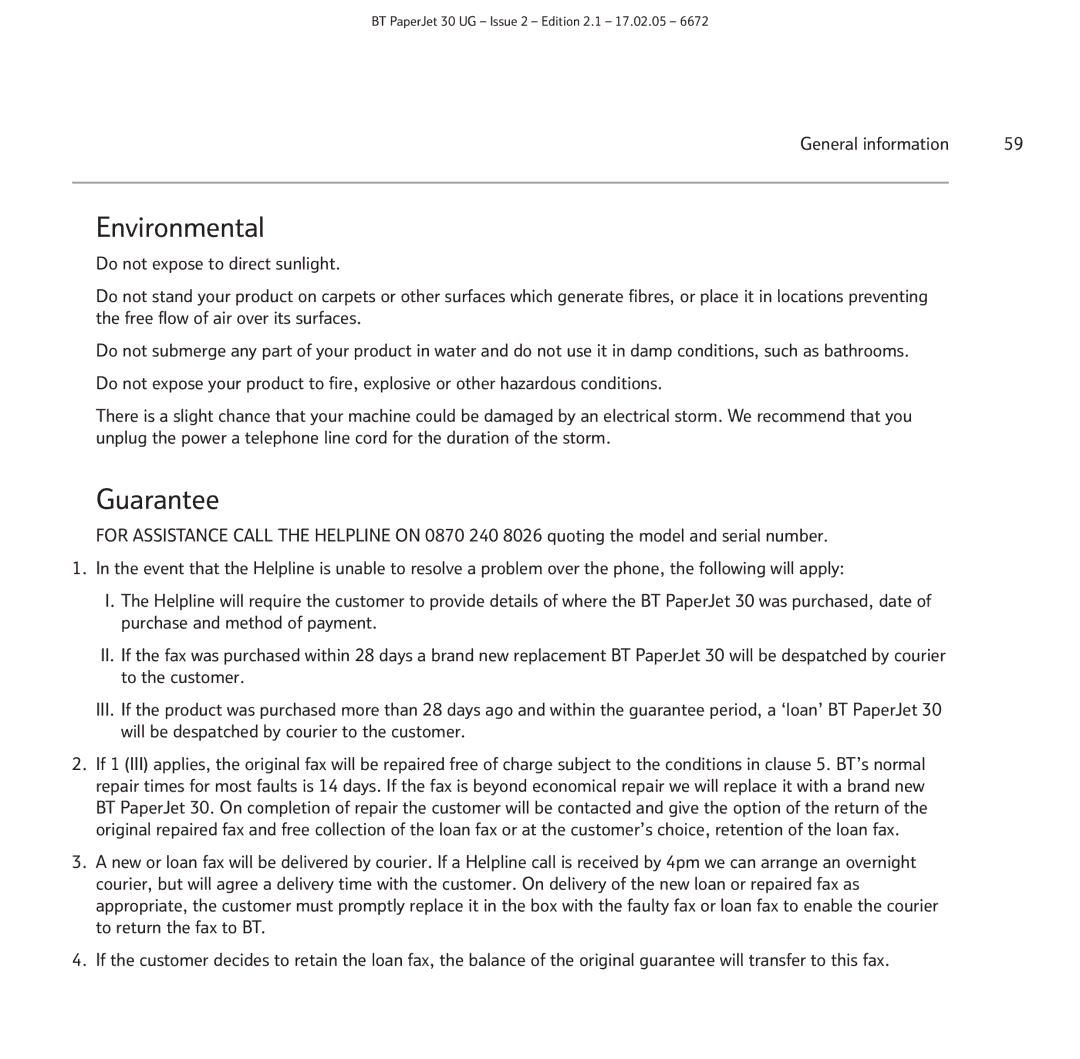 BT 30 manual Environmental, Guarantee 