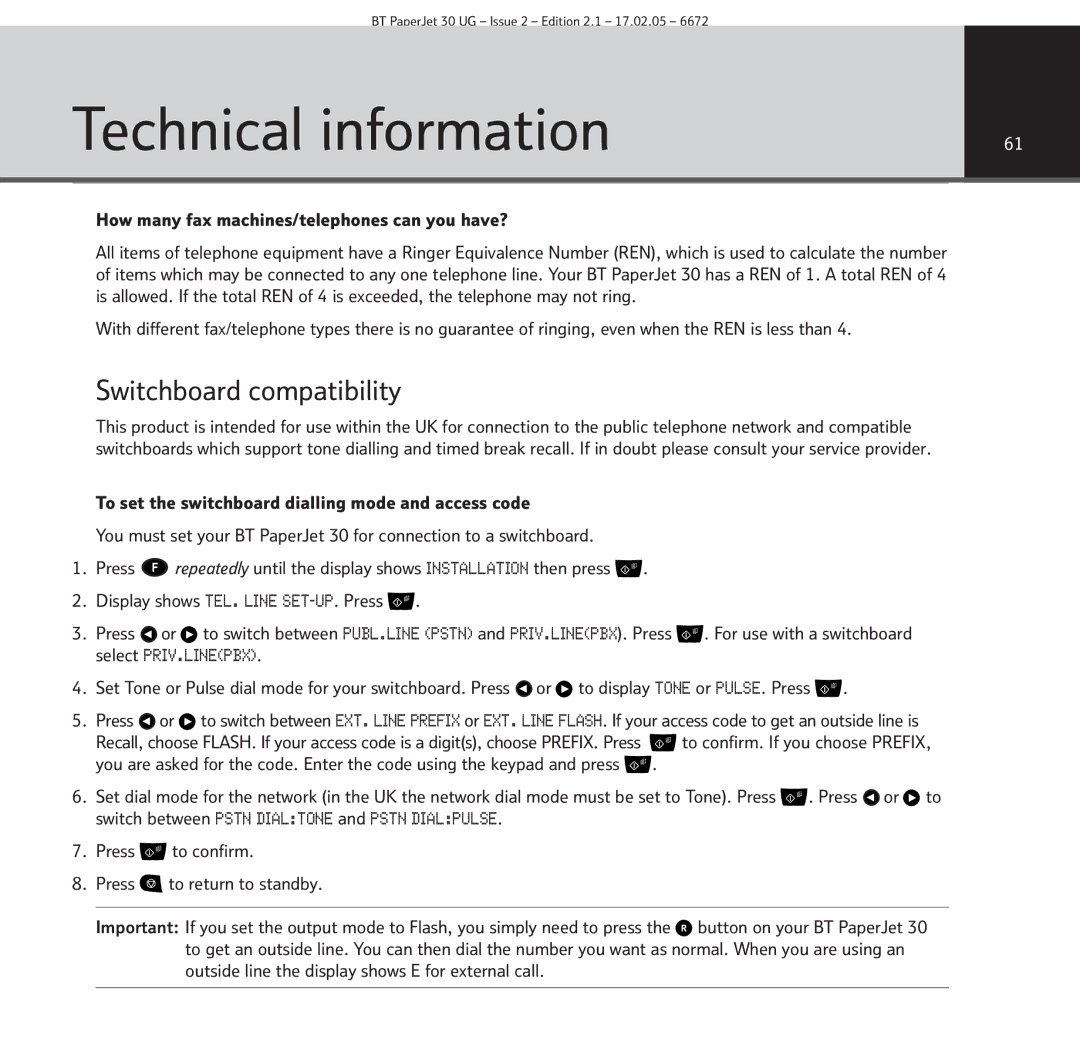 BT 30 manual Technical information, Switchboard compatibility, How many fax machines/telephones can you have? 