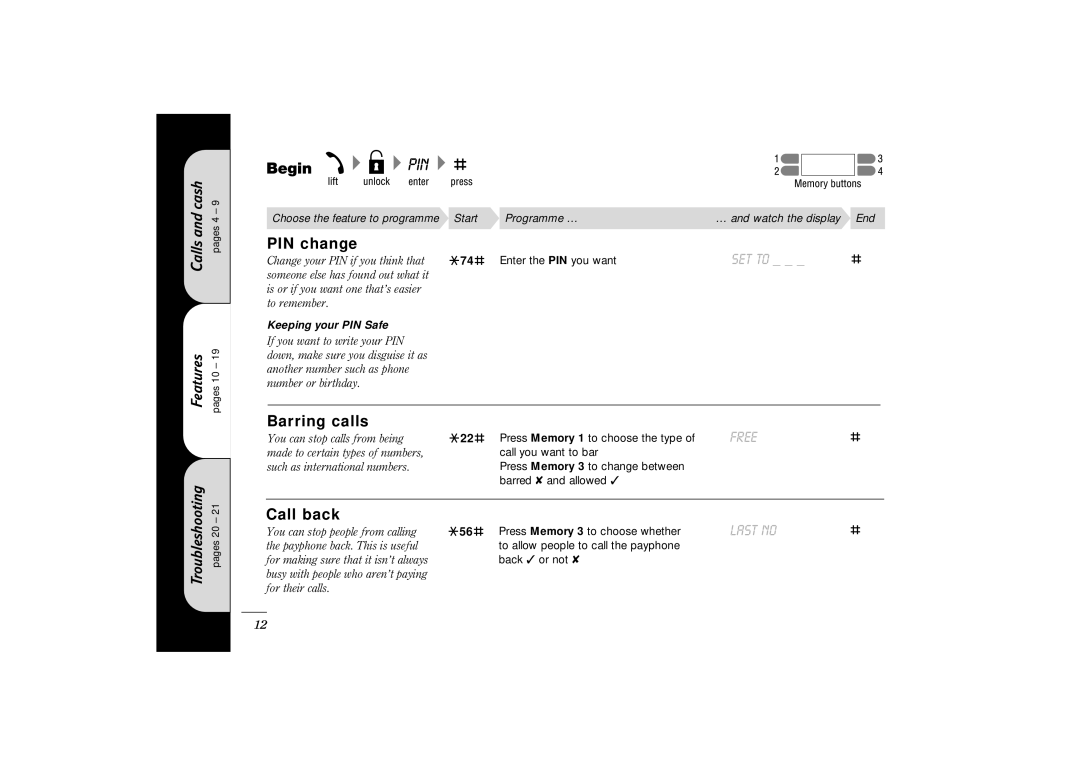 BT 300 Plus manual PIN change, Barring calls, Free, Call back, Last no 