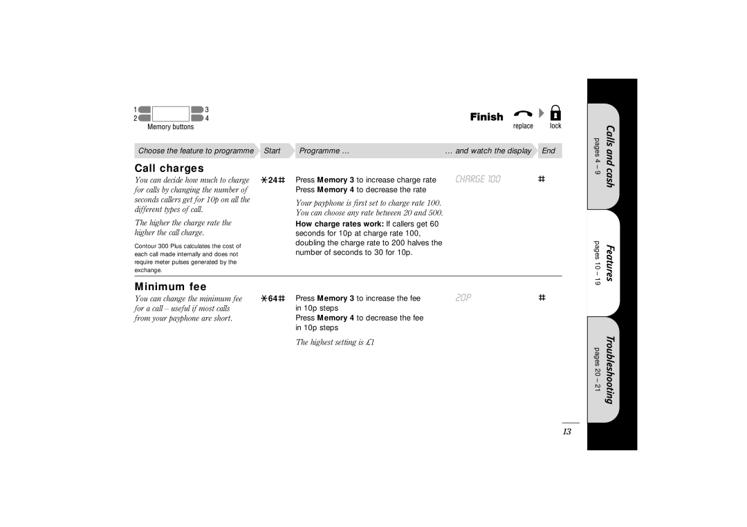 BT 300 Plus manual Call charges, Charge, Minimum fee, 20p 