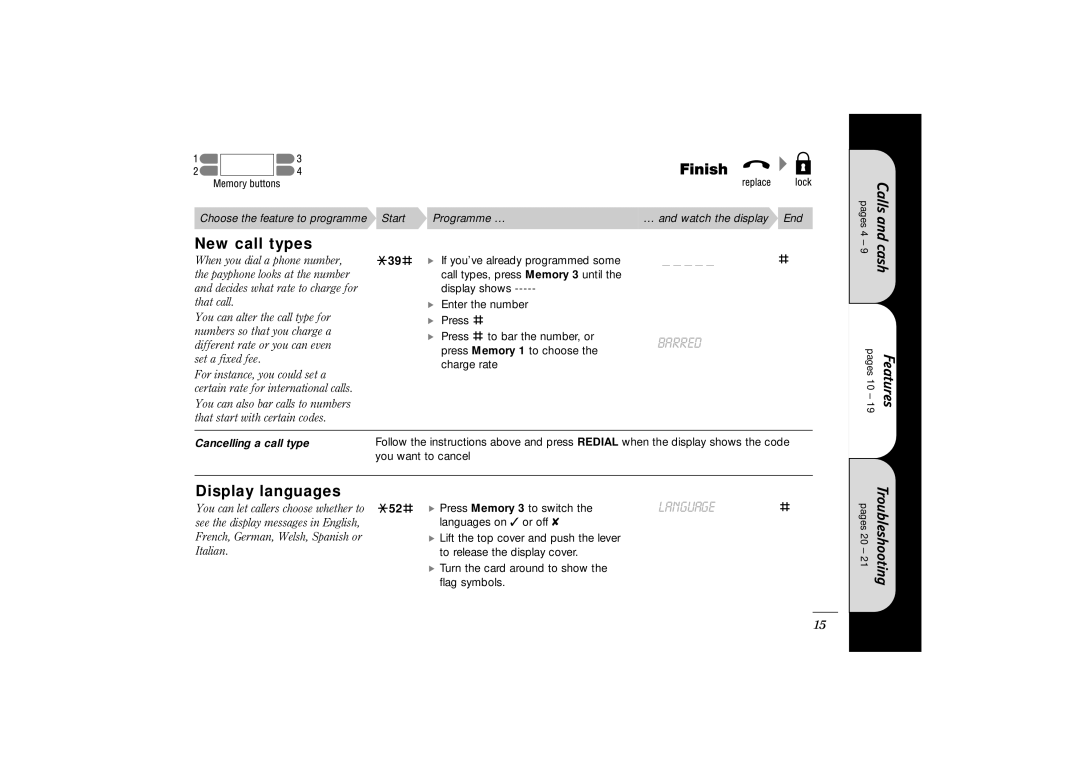 BT 300 Plus manual New call types, Barred, Display languages, Language, Cancelling a call type 