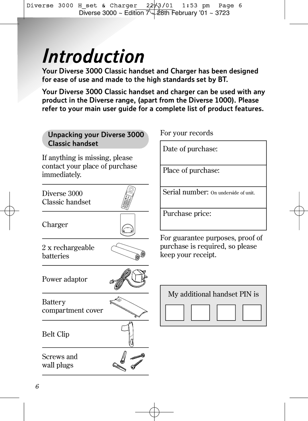 BT manual Introduction, Unpacking your Diverse 3000 Classic handset 