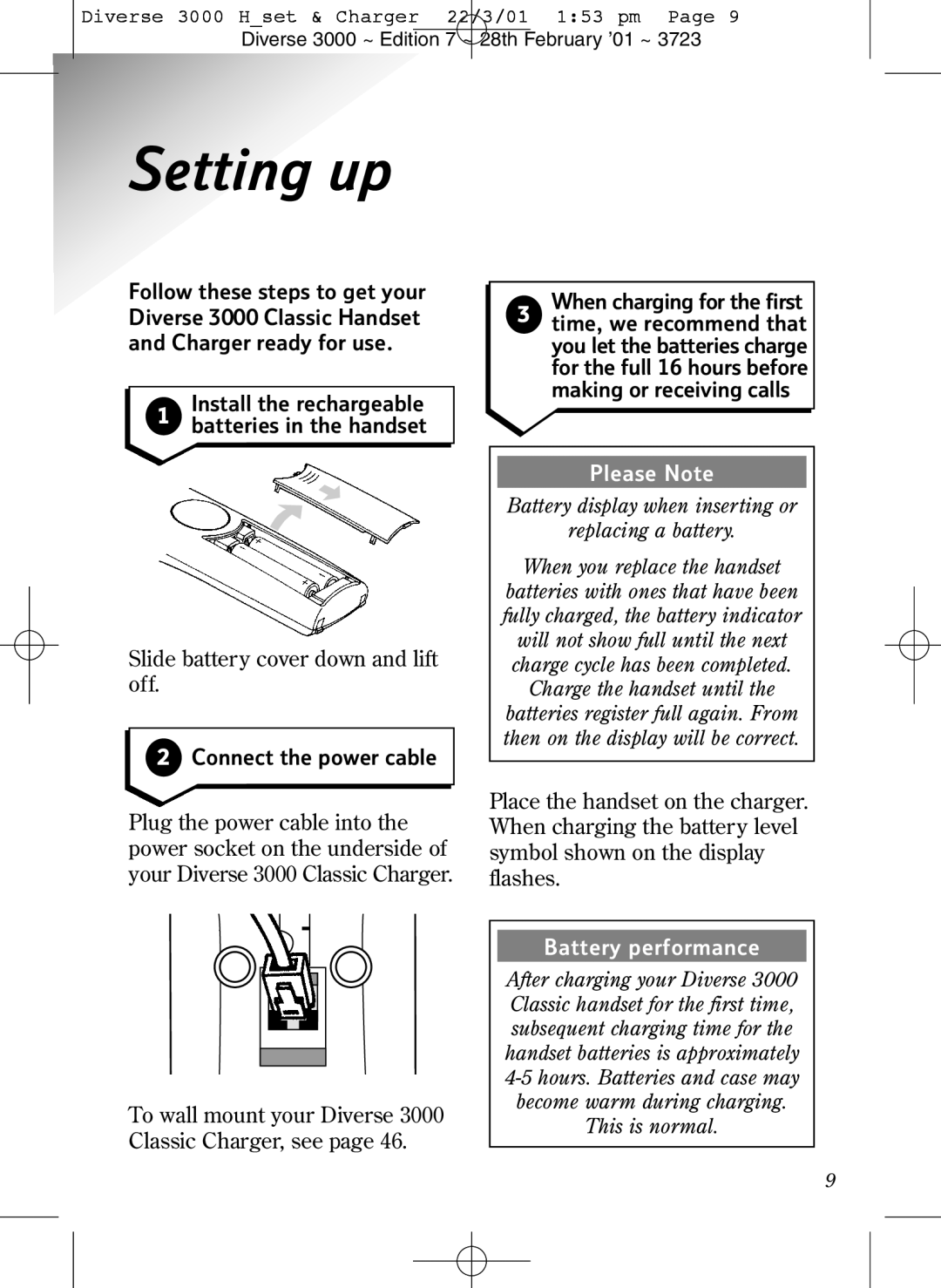 BT 3000 Classic manual Setting up, Install the rechargeable Batteries in the handset, Slide battery cover down and lift off 