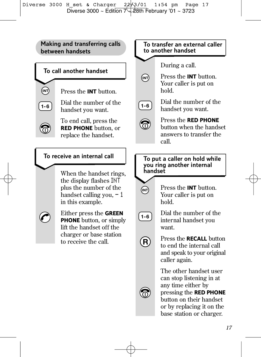 BT 3000 Classic manual To transfer an external caller to another handset, During a call, Hold, To receive an internal call 