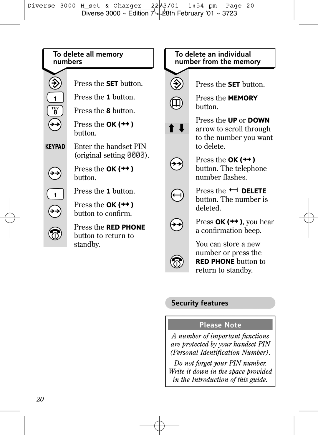 BT 3000 Classic manual To delete all memory numbers, Security features 