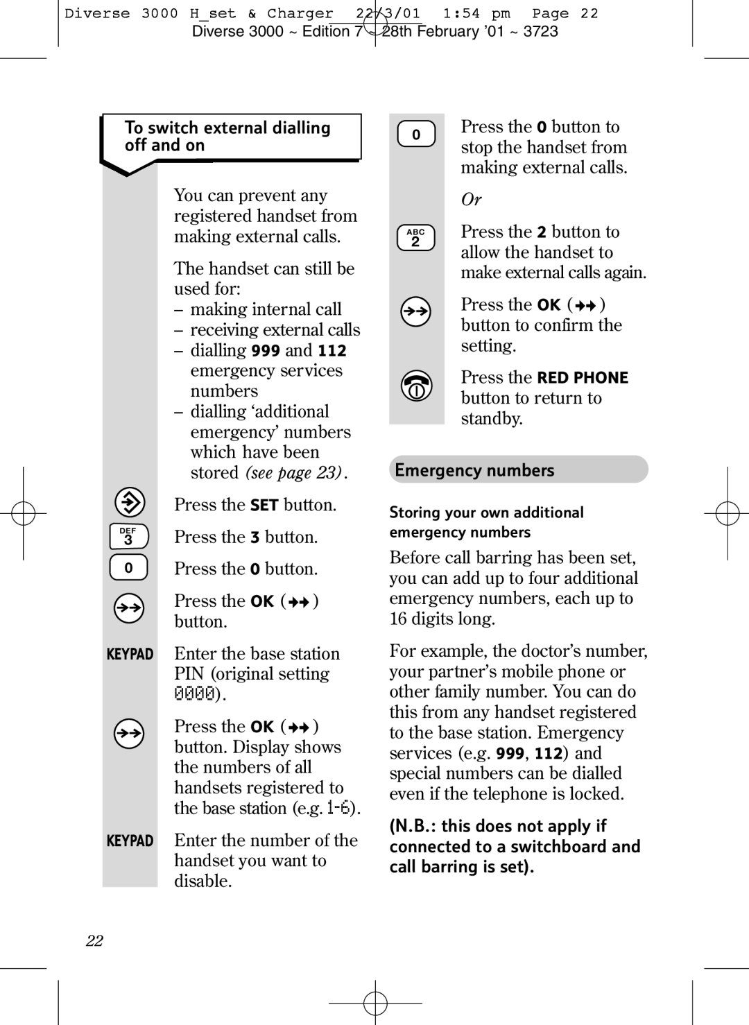 BT 3000 Classic manual To switch external dialling off and on, Enter the number of the handset you want to disable 