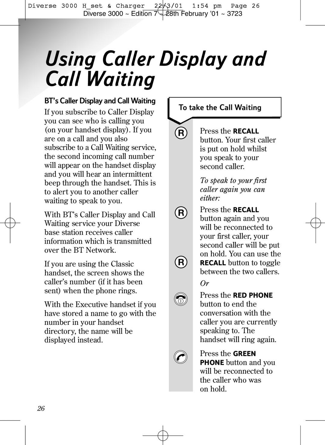 BT 3000 Classic Using Caller Display and Call Waiting, BT’s Caller Display and Call Waiting, To take the Call Waiting 