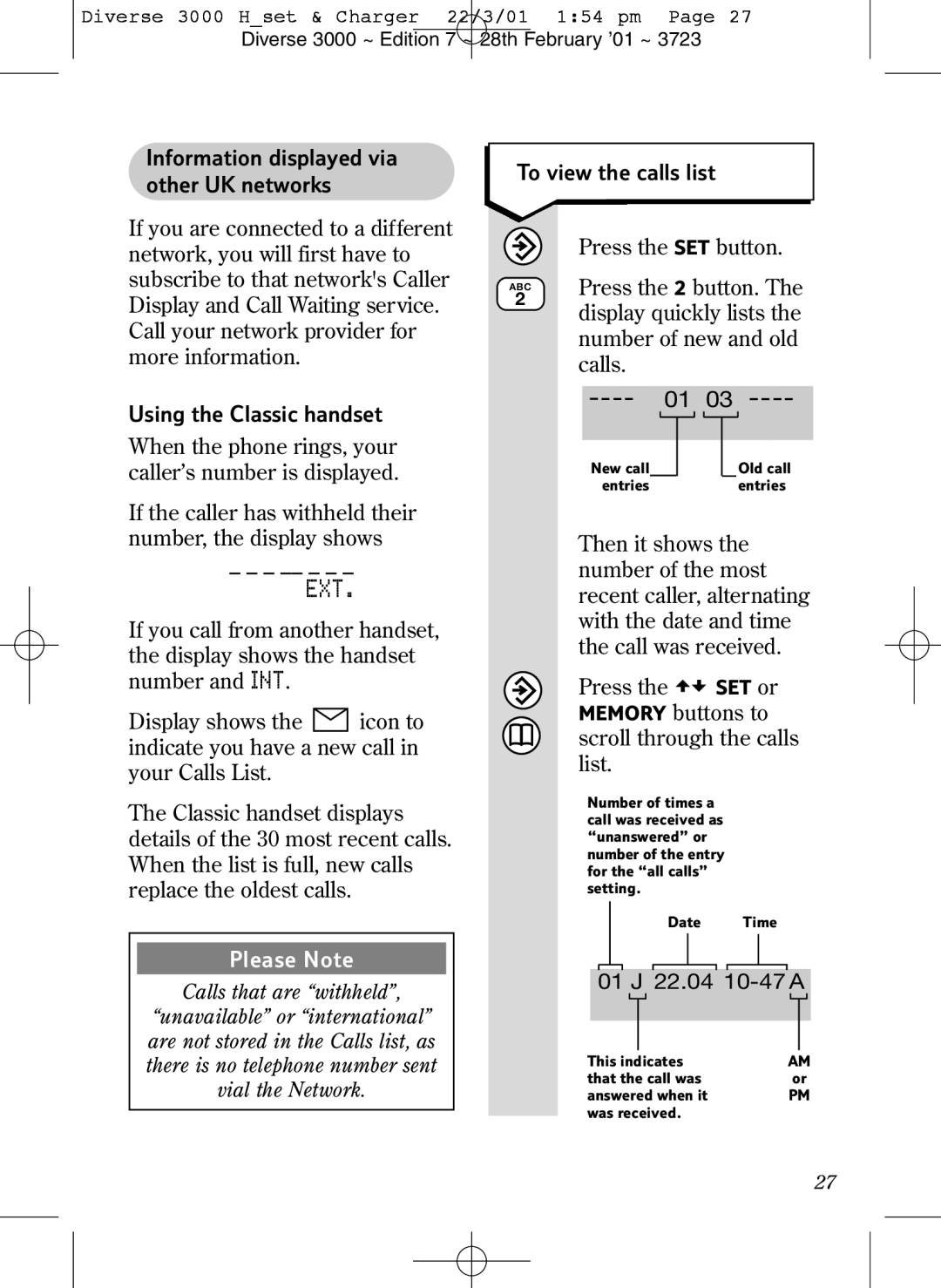 BT 3000 Classic manual Information displayed via other UK networks, Using the Classic handset, To view the calls list 