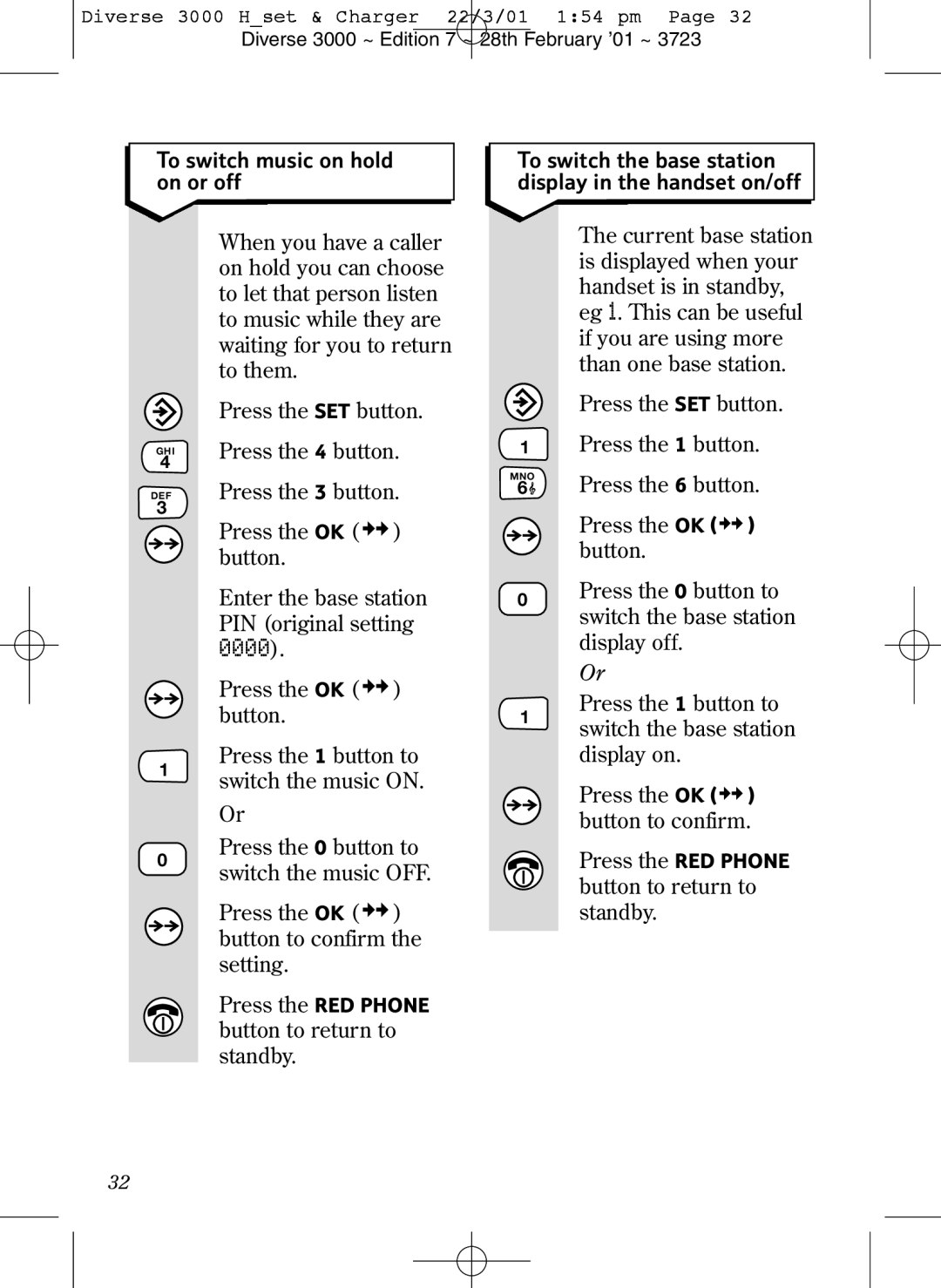 BT 3000 Classic manual To switch music on hold on or off, DEFPress the 3 button, Press the SET button Press the 1 button 