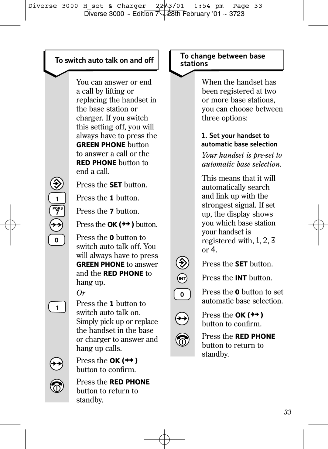 BT 3000 Classic manual To switch auto talk on and off, Press the 7 button, To change between base stations 