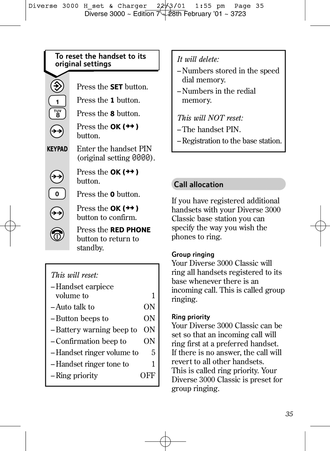 BT 3000 Classic manual To reset the handset to its original settings, Handset PIN Registration to the base station 