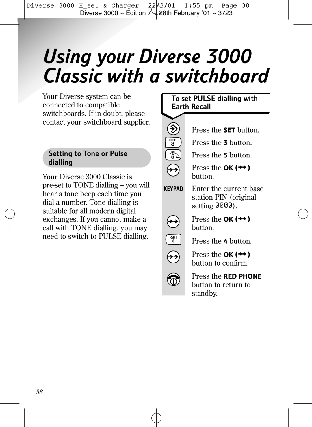 BT manual Using your Diverse 3000 Classic with a switchboard 