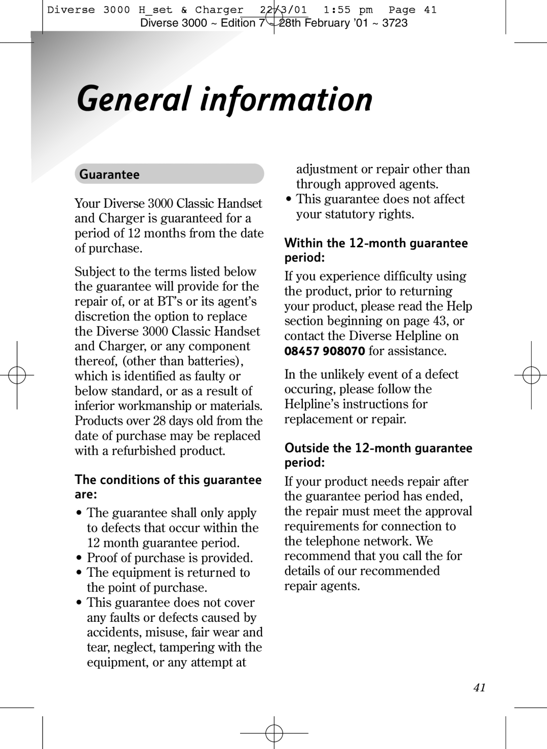 BT 3000 Classic General information, Guarantee, Conditions of this guarantee are, Within the 12-month guarantee period 