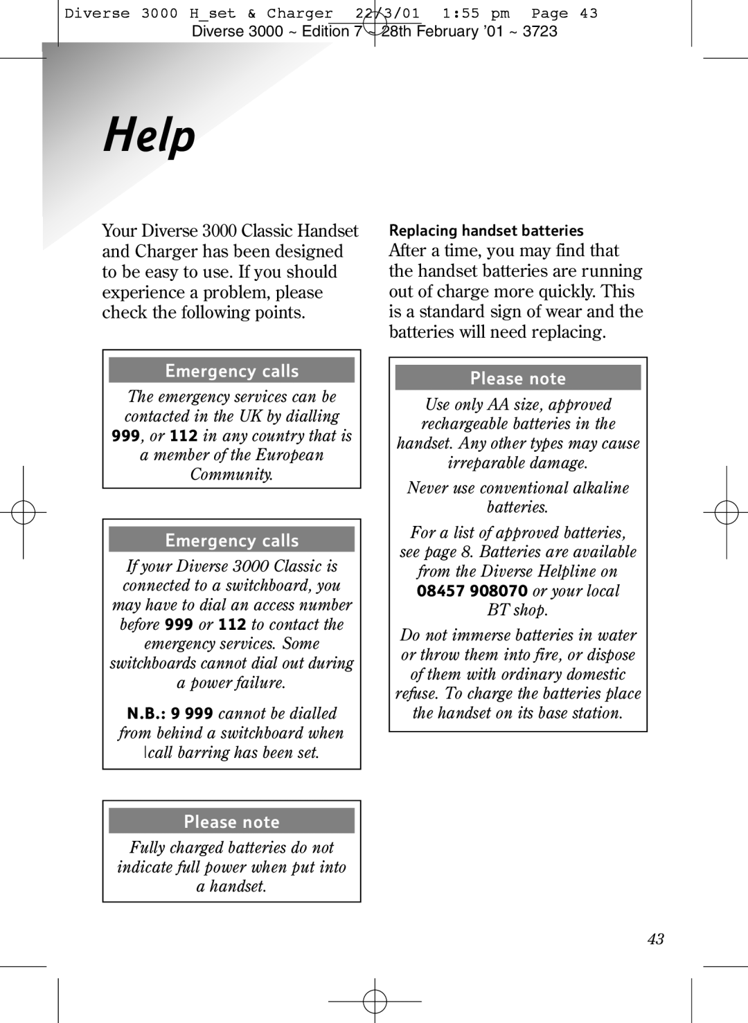 BT 3000 Classic manual Help, Emergency calls 