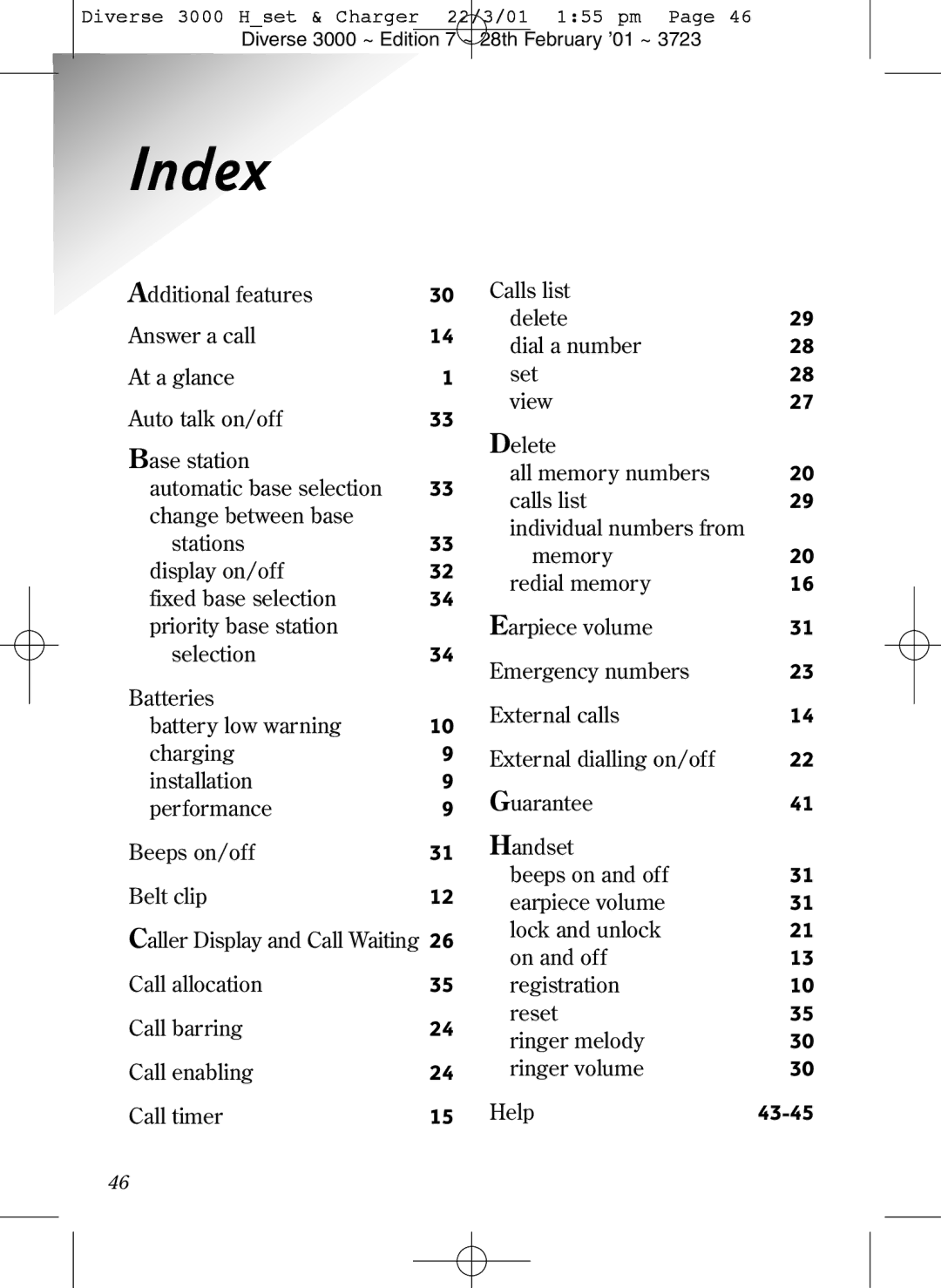 BT 3000 Classic manual Index, Handset 