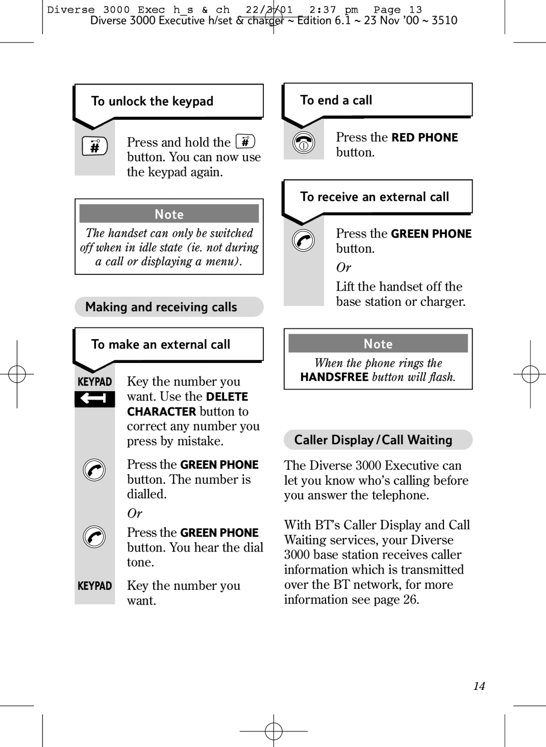 BT 3000 Executive manual To unlock the keypad, Making and receiving calls To make an external call, To end a call 