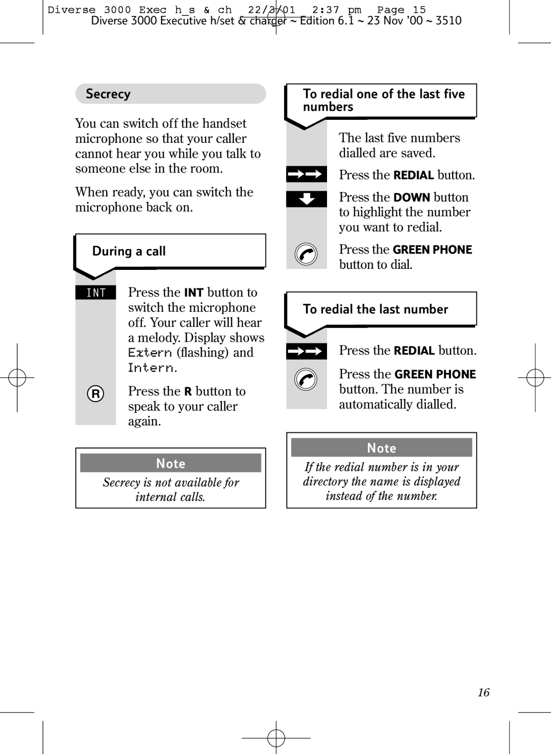 BT 3000 Executive manual Secrecy, During a call, To redial one of the last five numbers, To redial the last number 