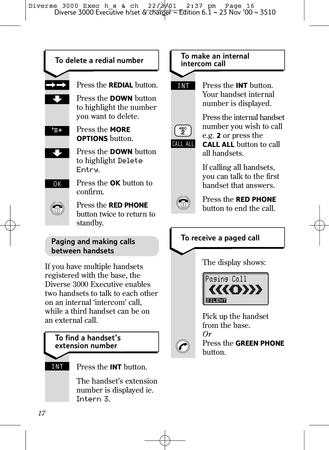 BT 3000 Executive To delete a redial number To make an internal intercom call, Paging and making calls between handsets 