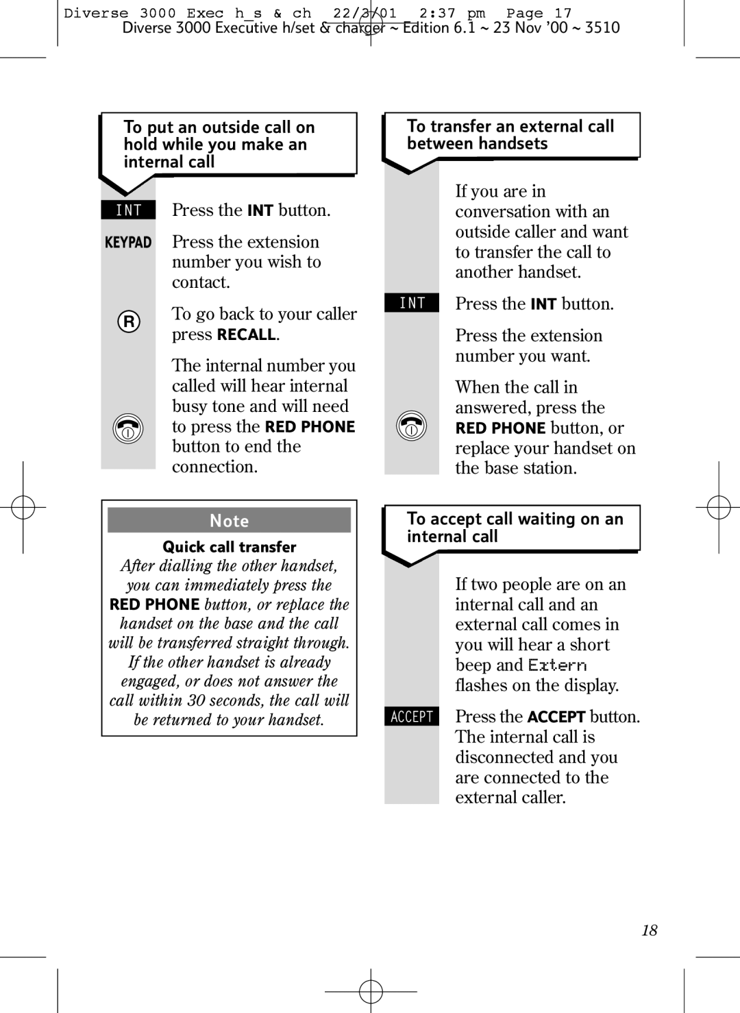 BT 3000 Executive manual To transfer an external call between handsets, Replace your handset on the base station 