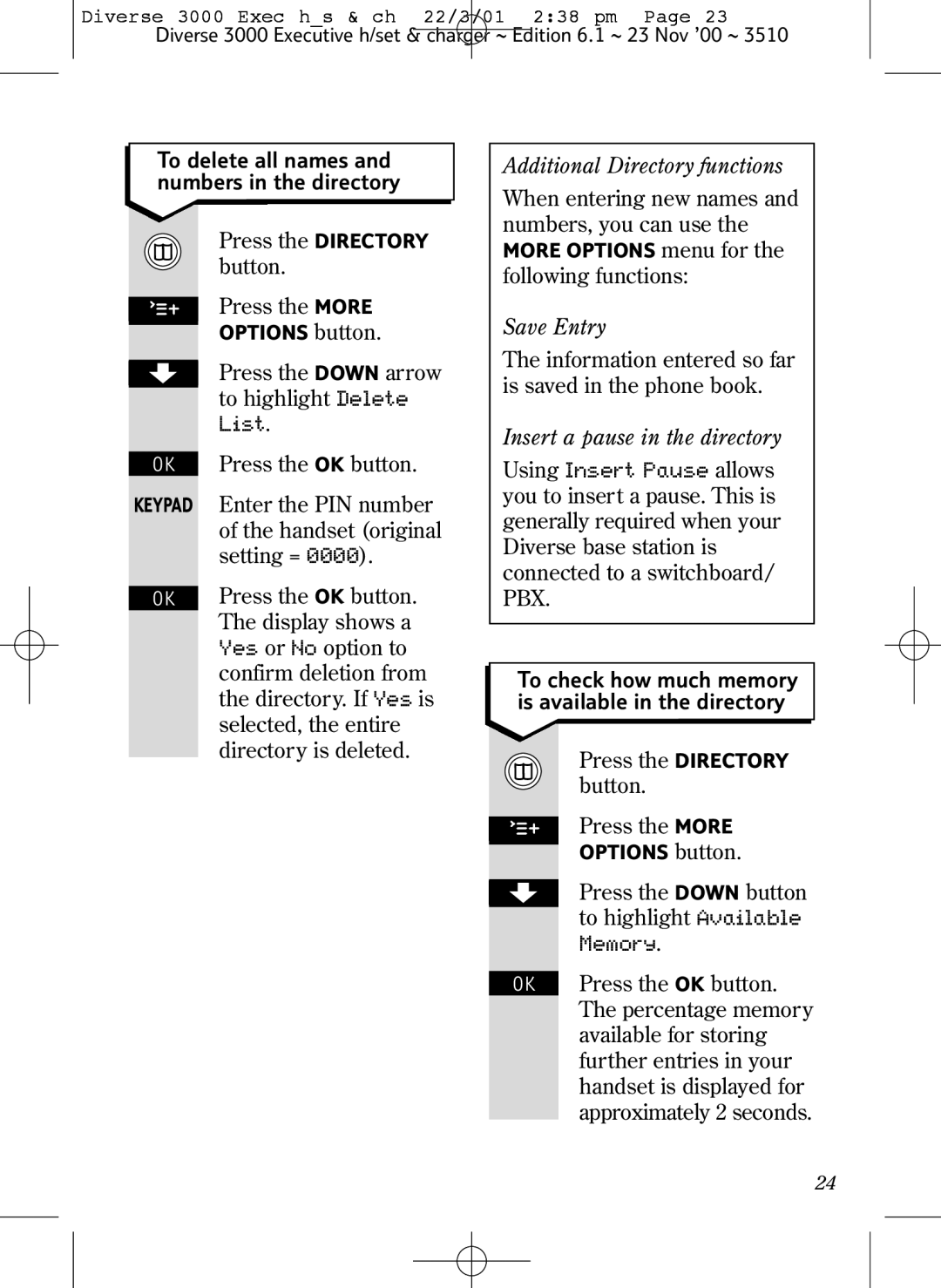 BT 3000 Executive manual Additional Directory functions, Save Entry, Insert a pause in the directory 