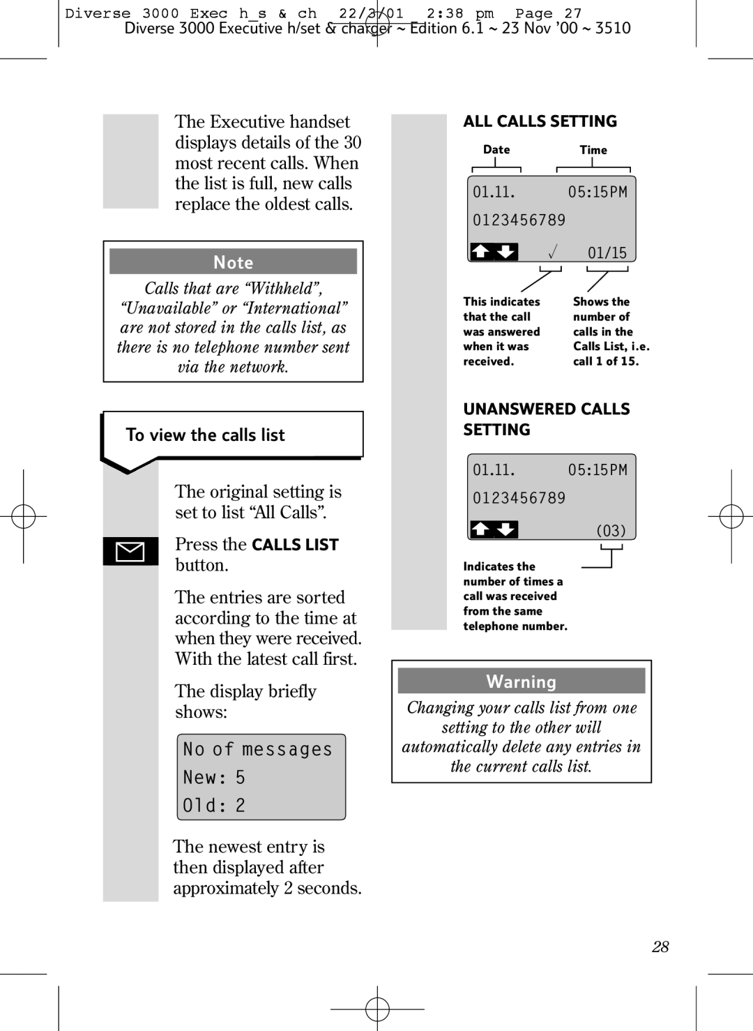 BT 3000 Executive manual To view the calls list, Original setting is set to list All Calls 