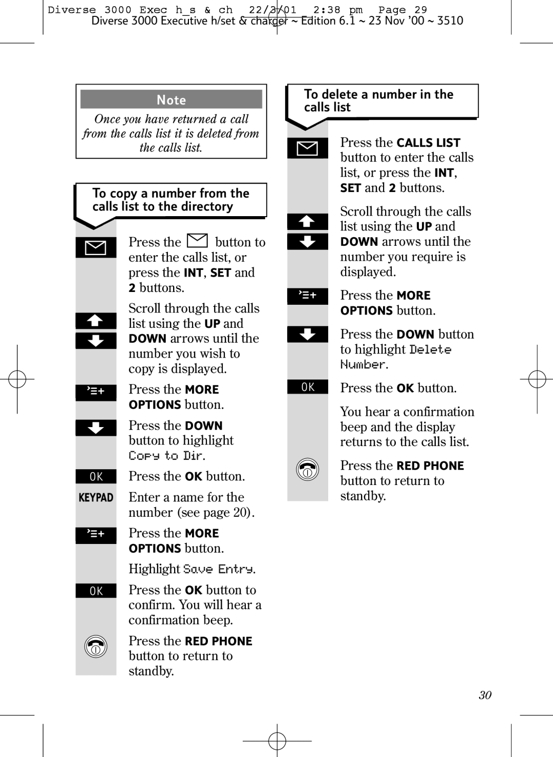 BT 3000 Executive manual To delete a number in the calls list 