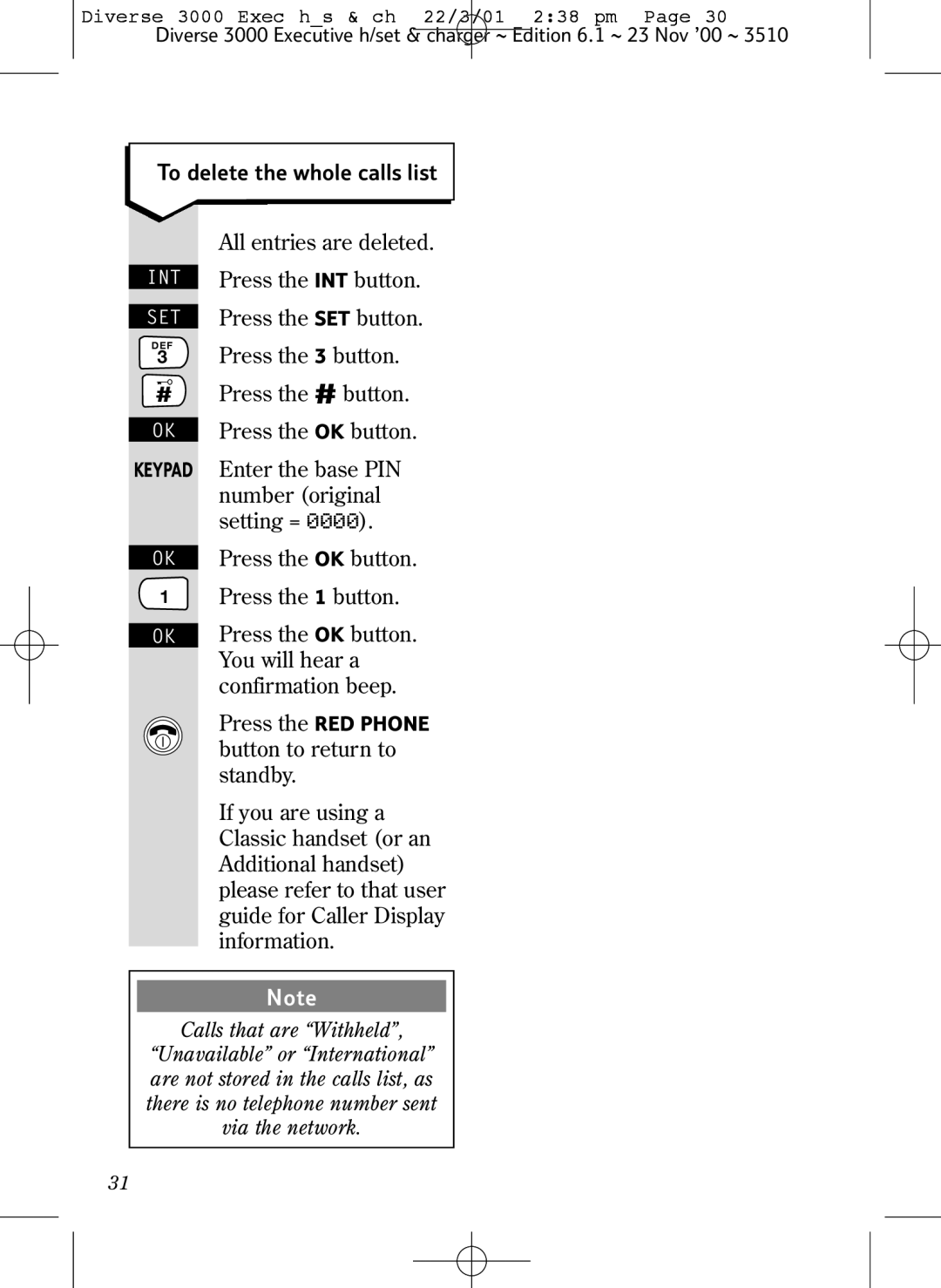 BT 3000 Executive To delete the whole calls list, All entries are deleted, Press the INT button, Press the SET button 