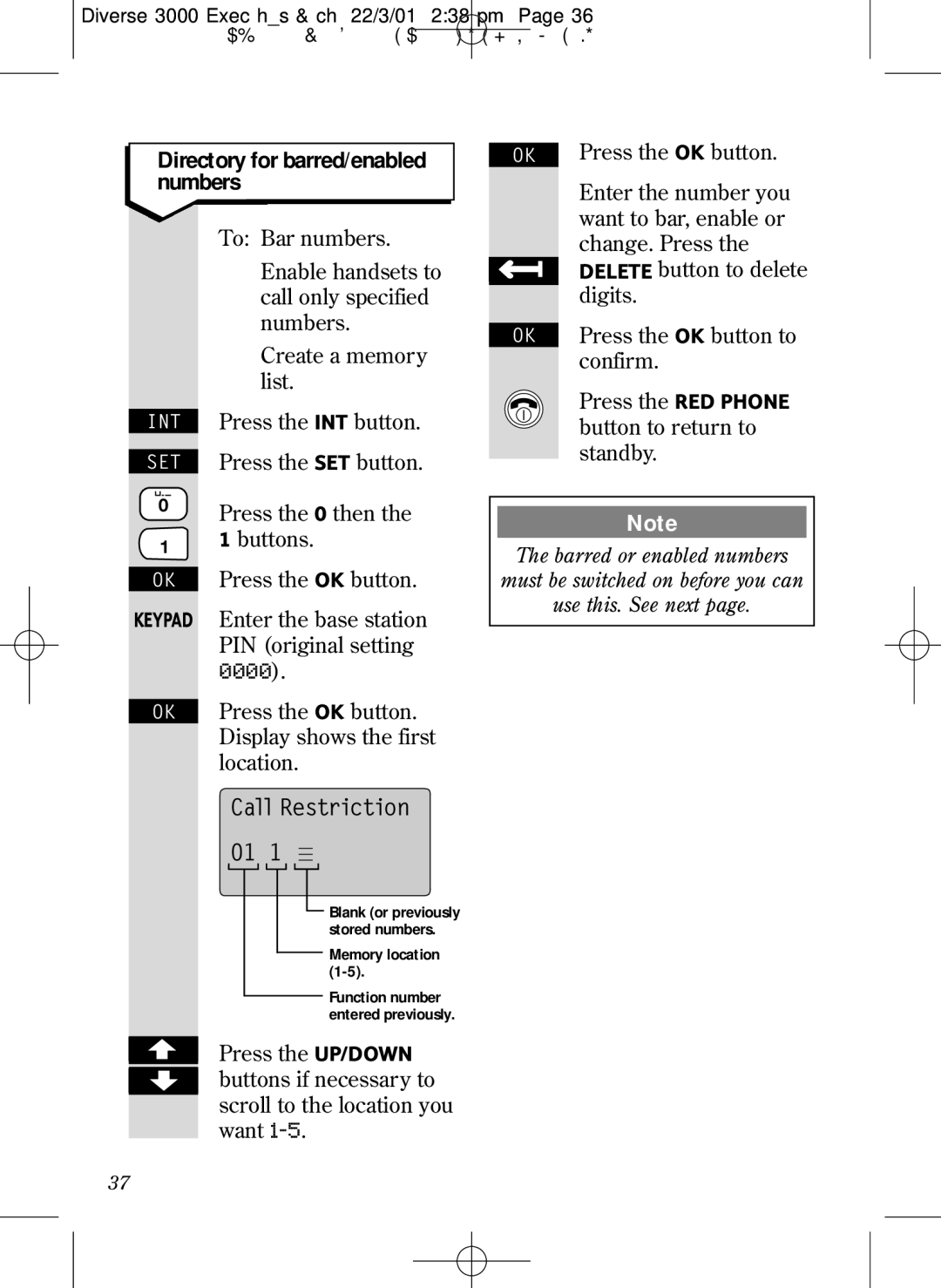 BT 3000 Executive manual CallRestriction, Directory for barred/enabled numbers 