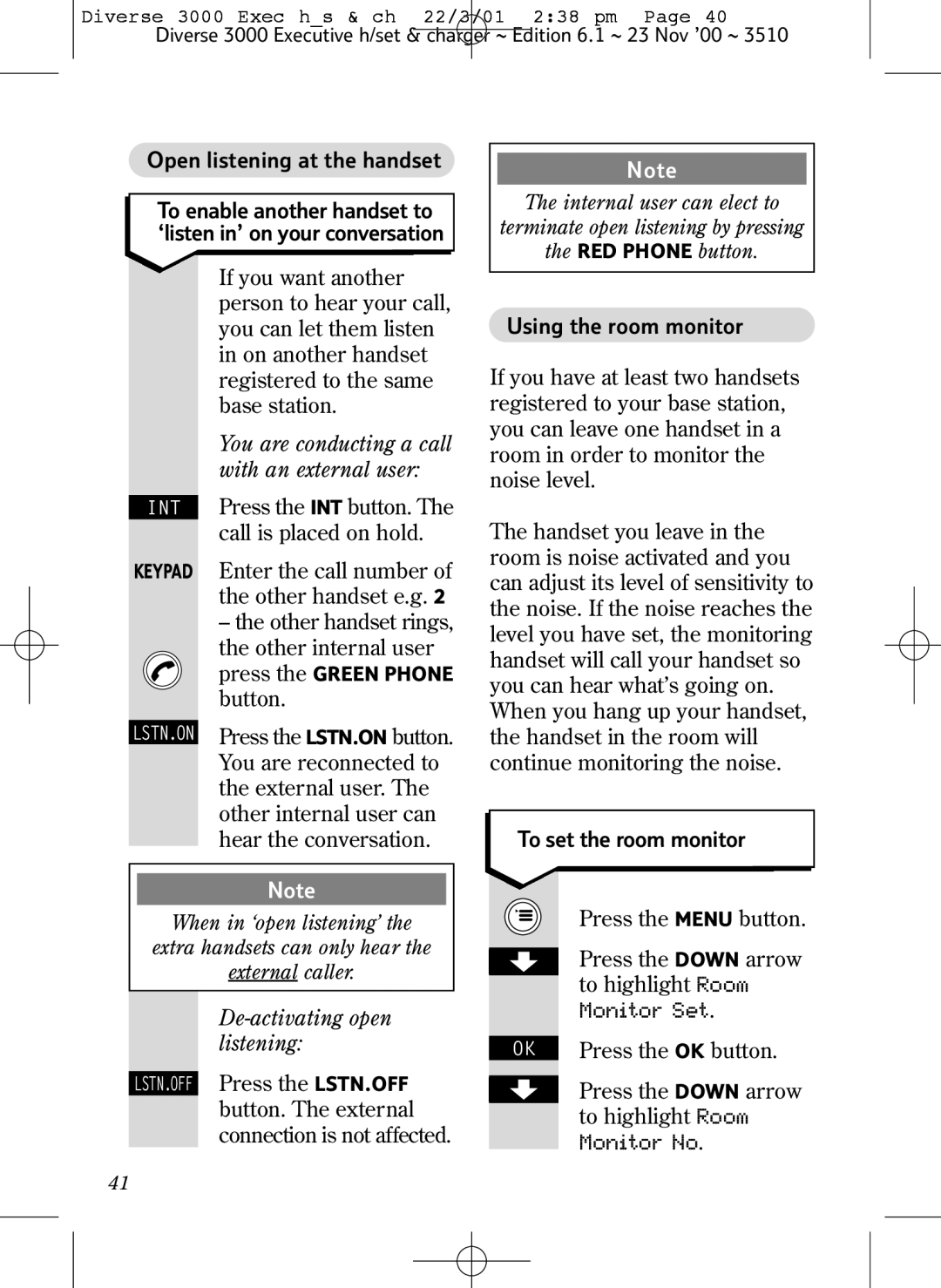 BT 3000 Executive Open listening at the handset, You are conducting a call with an external user, Using the room monitor 