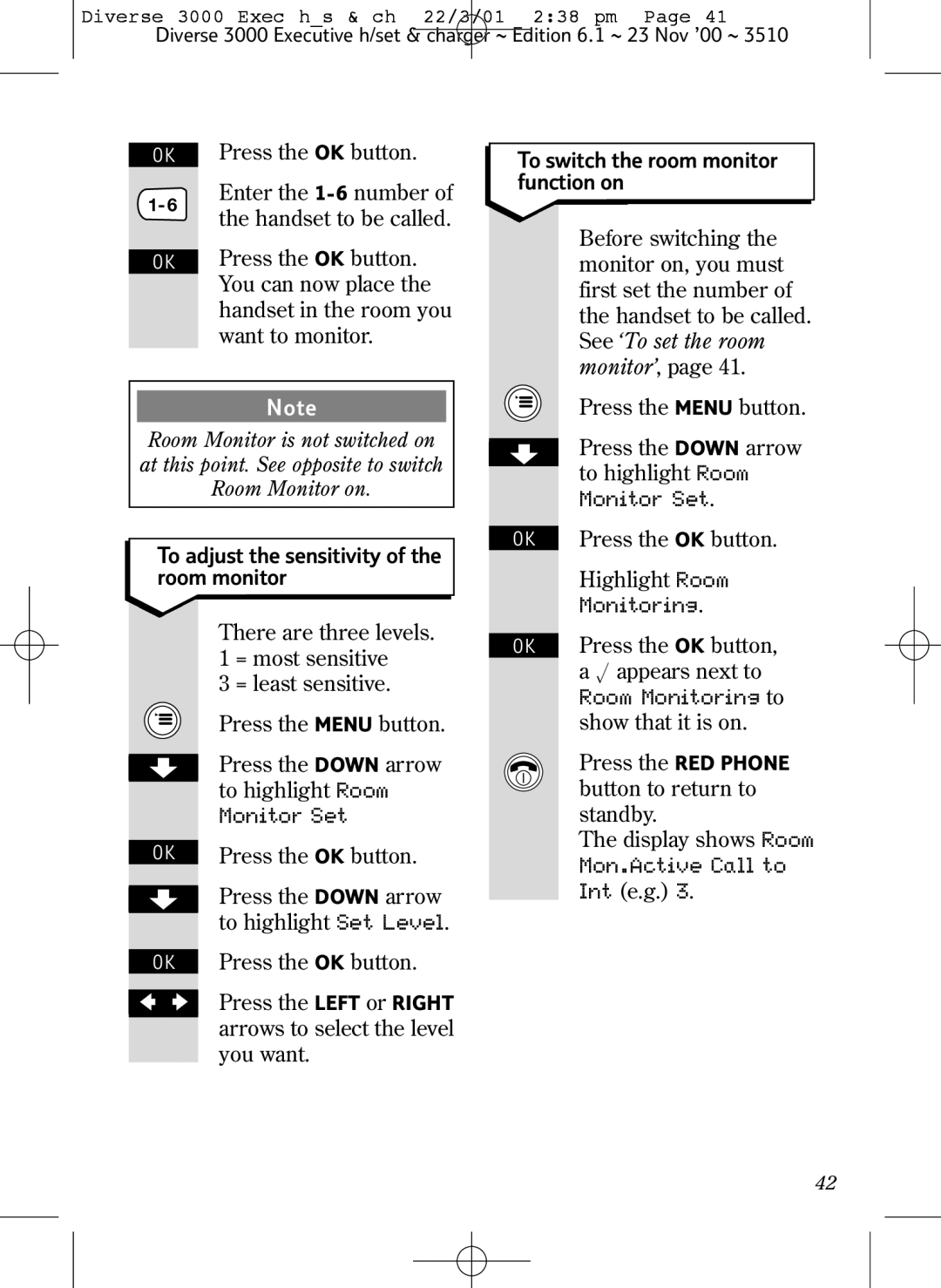 BT 3000 Executive manual To adjust the sensitivity of the room monitor, To switch the room monitor function on 