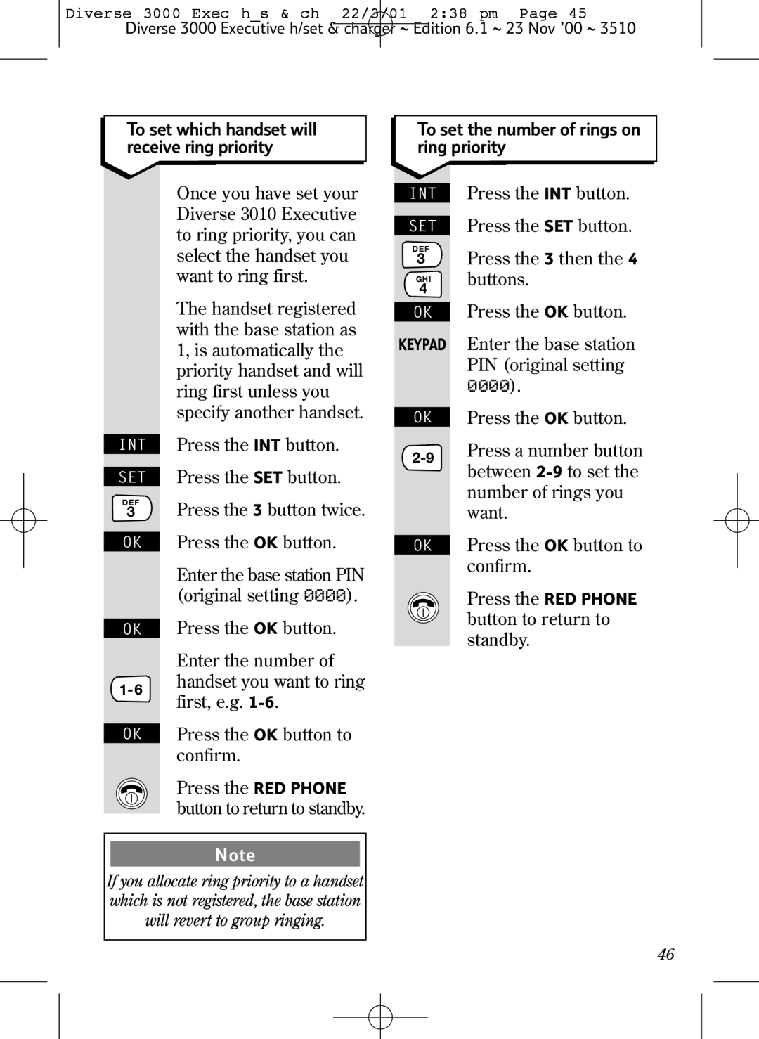 BT 3000 Executive manual To set which handset will receive ring priority, To set the number of rings on ring priority 