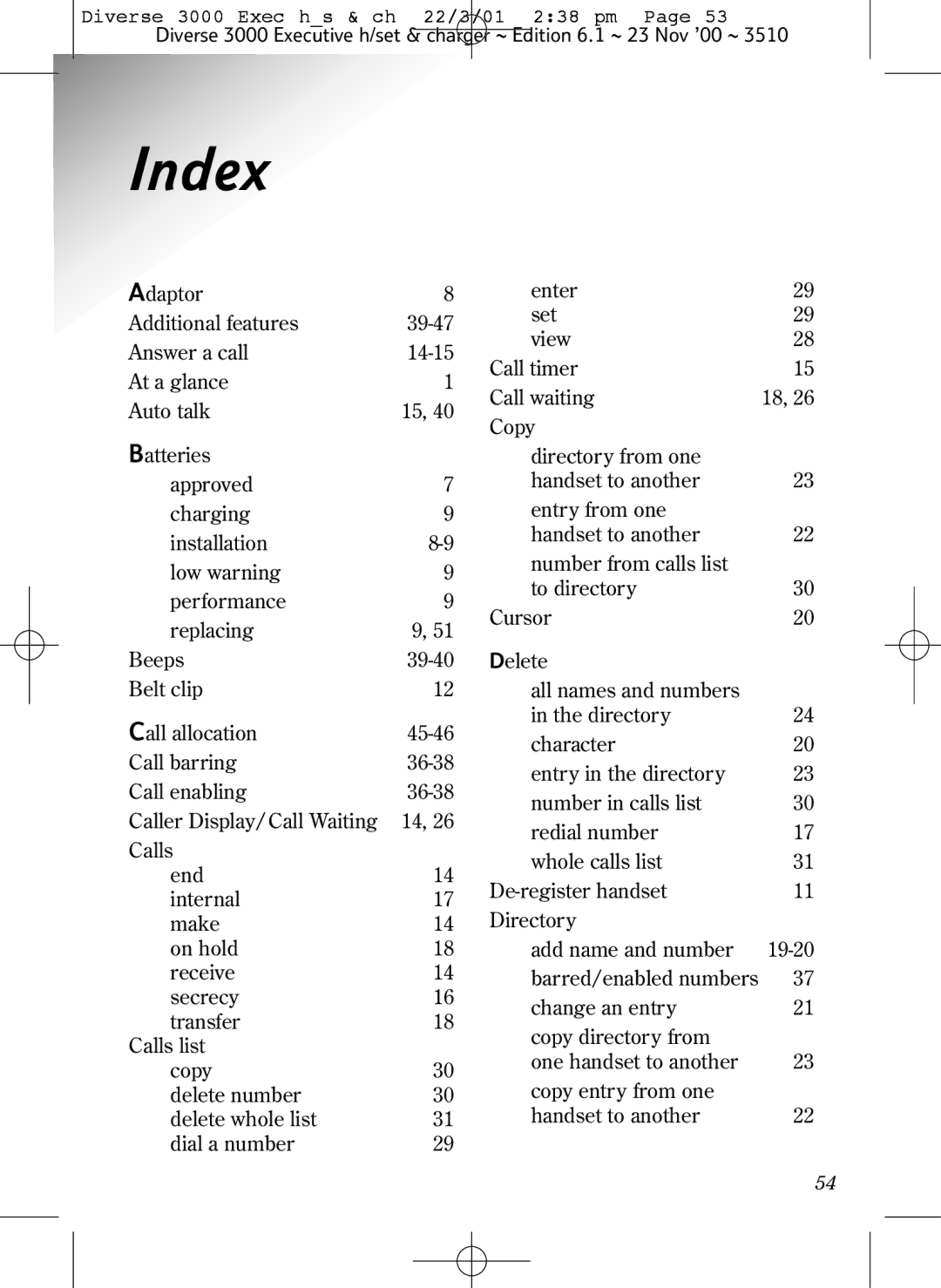 BT 3000 Executive manual Index 