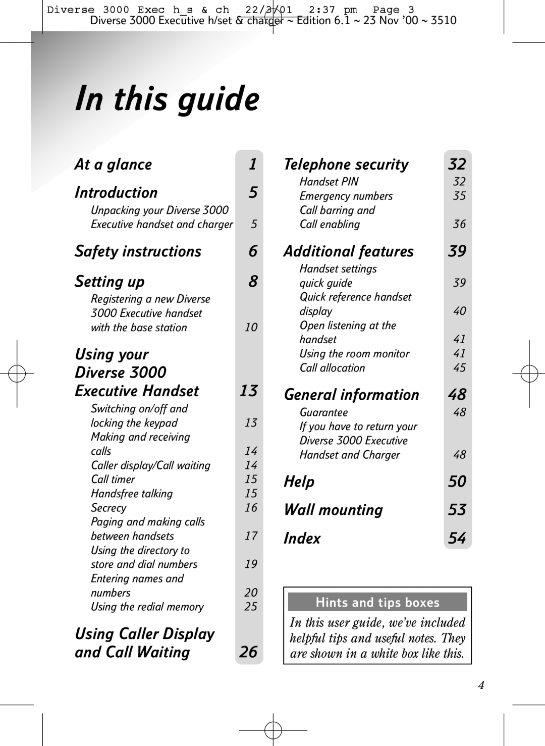 BT 3000 Executive manual This guide, At a glance Telephone security Introduction 