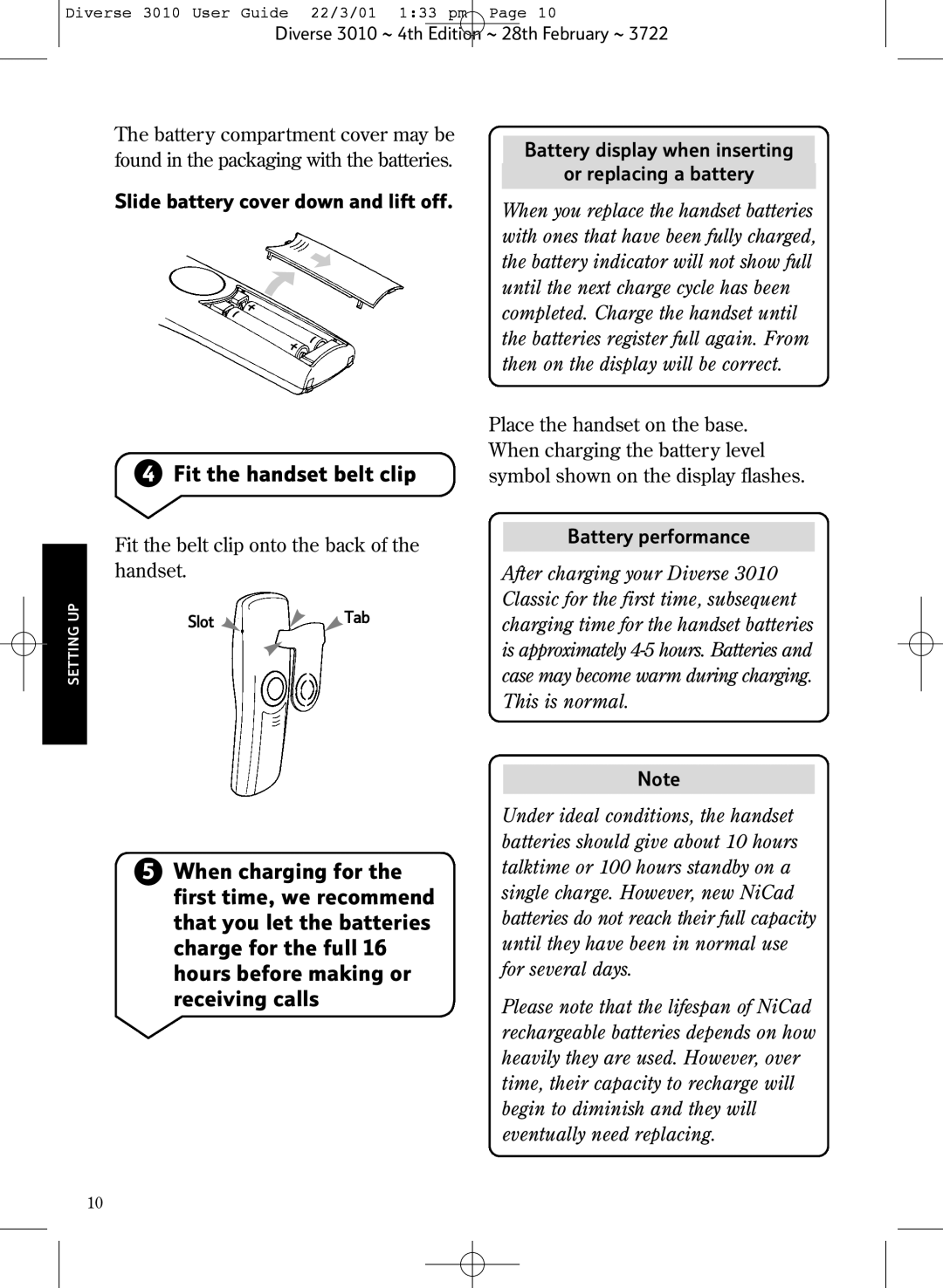 BT 3010 Classic manual Fit the handset belt clip, Slide battery cover down and lift off, Battery performance 