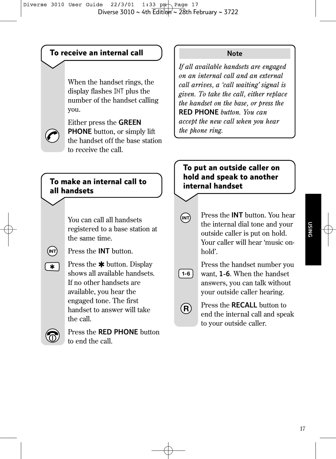 BT 3010 Classic manual To receive an internal call, To make an internal call to all handsets 