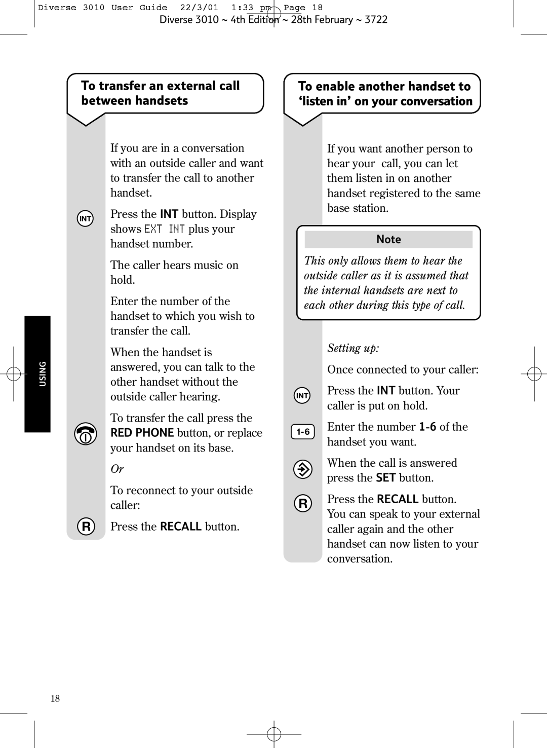 BT 3010 Classic manual To transfer an external call between handsets 