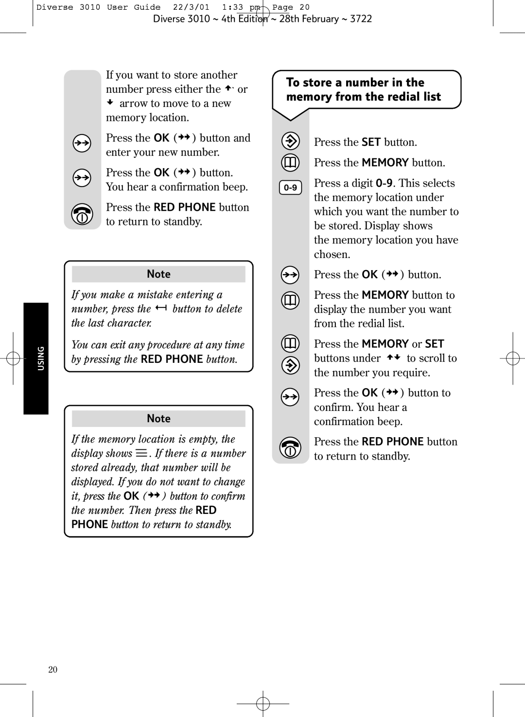 BT 3010 Classic manual To store a number in the memory from the redial list 