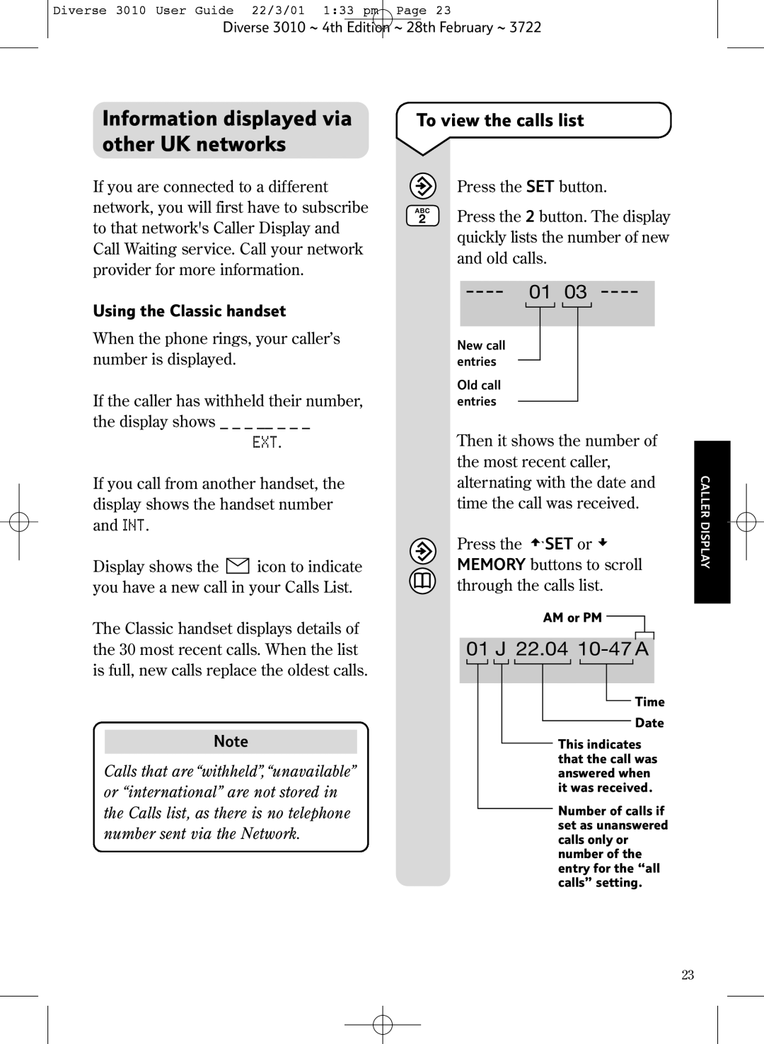 BT 3010 Classic manual Information displayed via other UK networks, To view the calls list, Using the Classic handset 